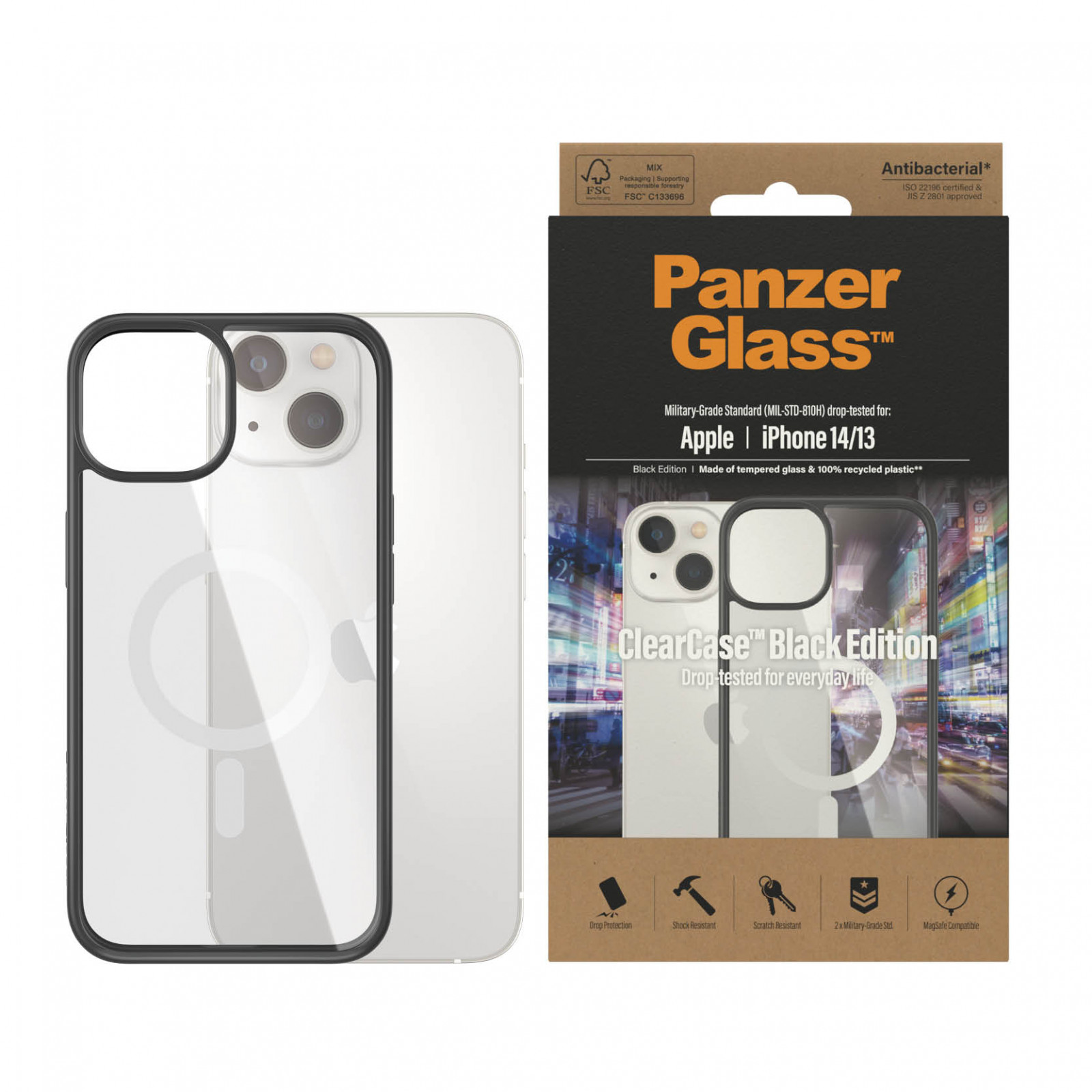 Гръб ClearCase PanzerGlass, MagSafe за Apple Iphone 14/13 , Antibacterial - Черна рамка