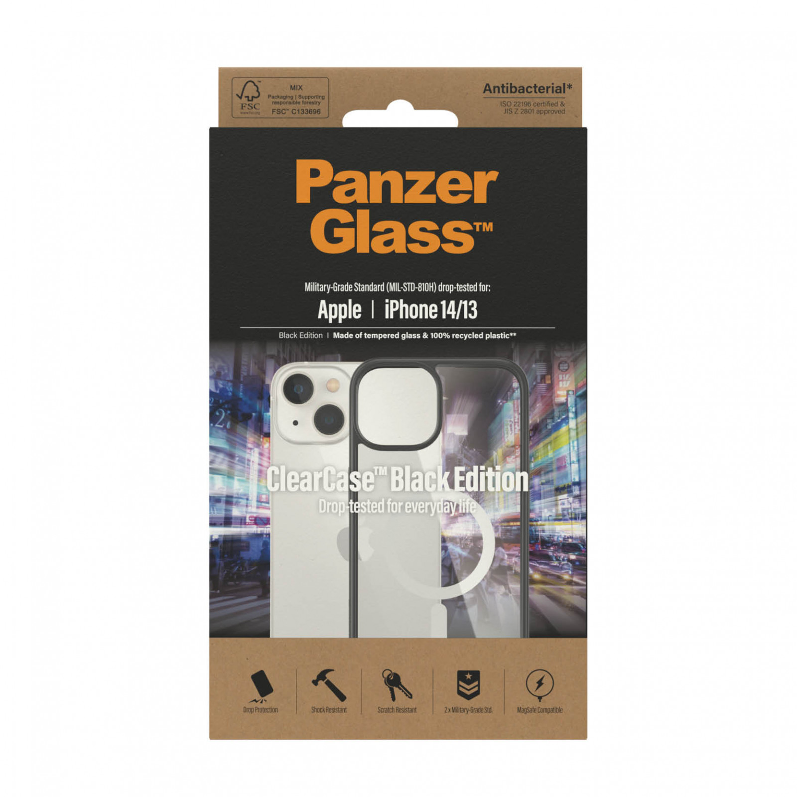 Гръб ClearCase PanzerGlass, MagSafe за Apple Iphone 14/13 , Antibacterial - Черна рамка