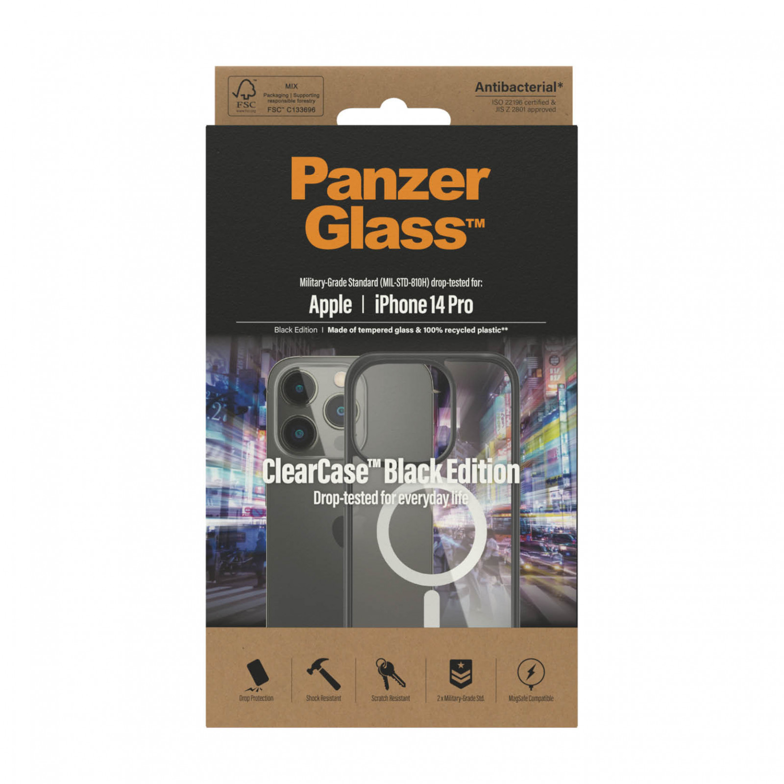 Гръб ClearCase PanzerGlass, MagSafe за Apple Iphone 14 Pro , Antibacterial,Черен