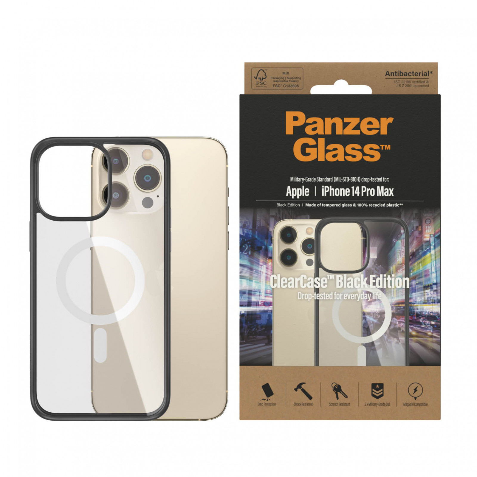 Гръб ClearCase PanzerGlass, MagSafe за Apple Iphone 14 Pro Max , Antibacterial,Черен