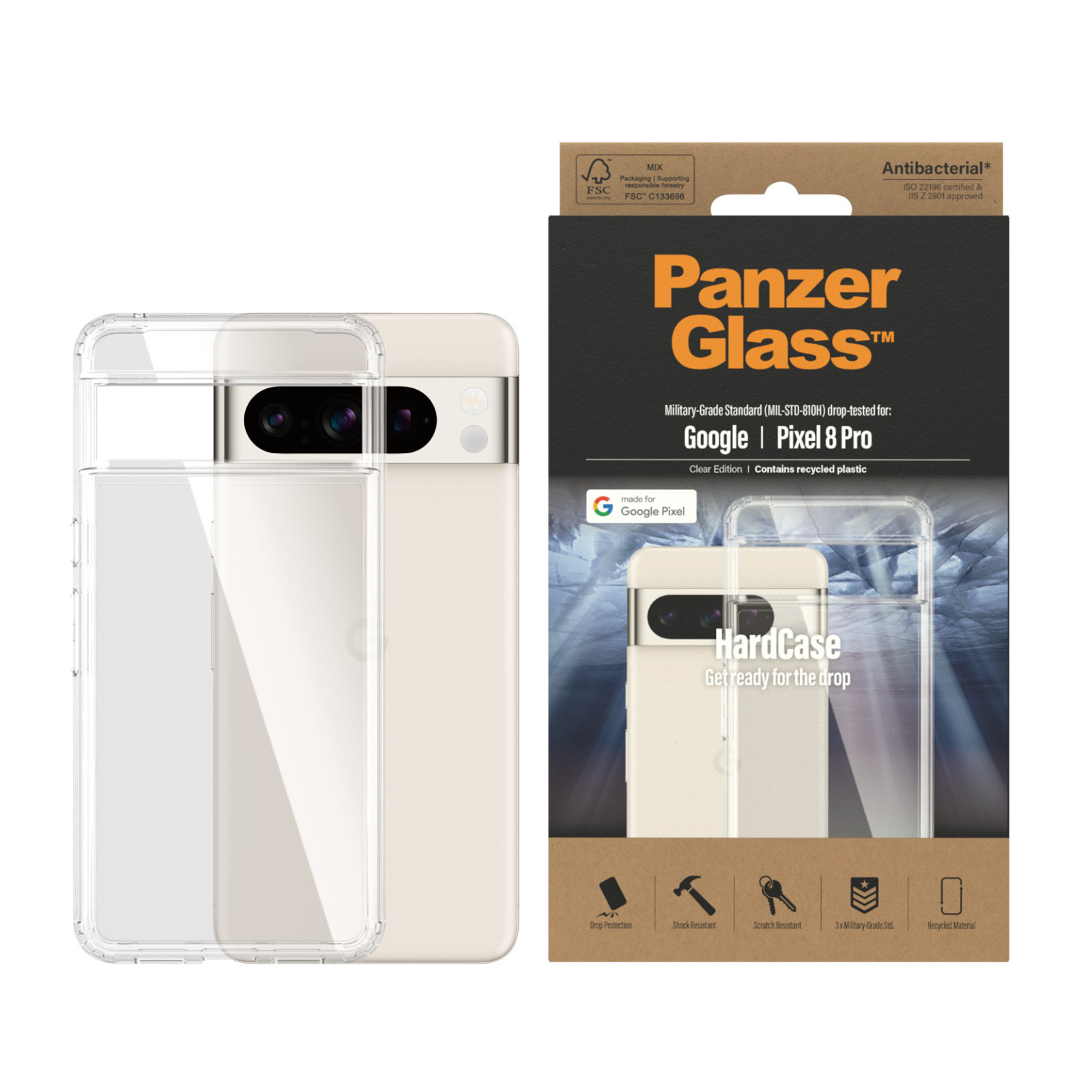 Гръб PanzerGlass  за Google Pixel 8 Pro , Hard Case, Antibacterial, Прозрачен