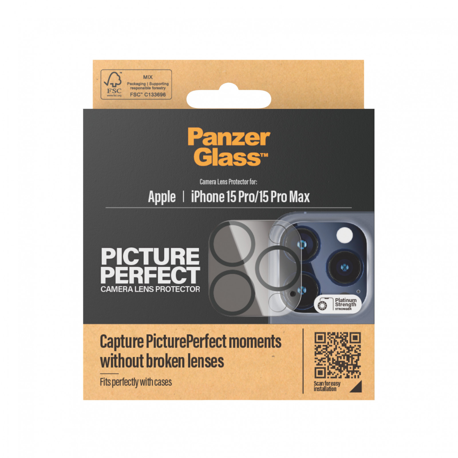 Стъклен протектор за камера PanzerGlass за Apple iPhone 15 Pro, 15 Pro Max, PicturePerfect Plate, Черен