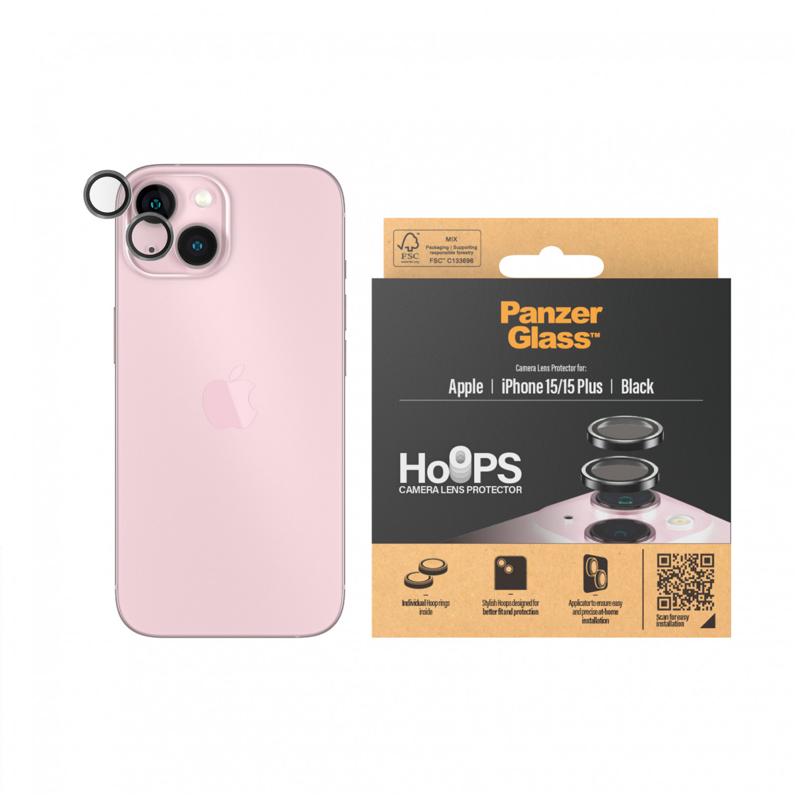 Стъклен протектор за камера PanzerGlass  за Apple iPhone 15, 15 plus, Hoops, PicturePerfect, Rings, Черен