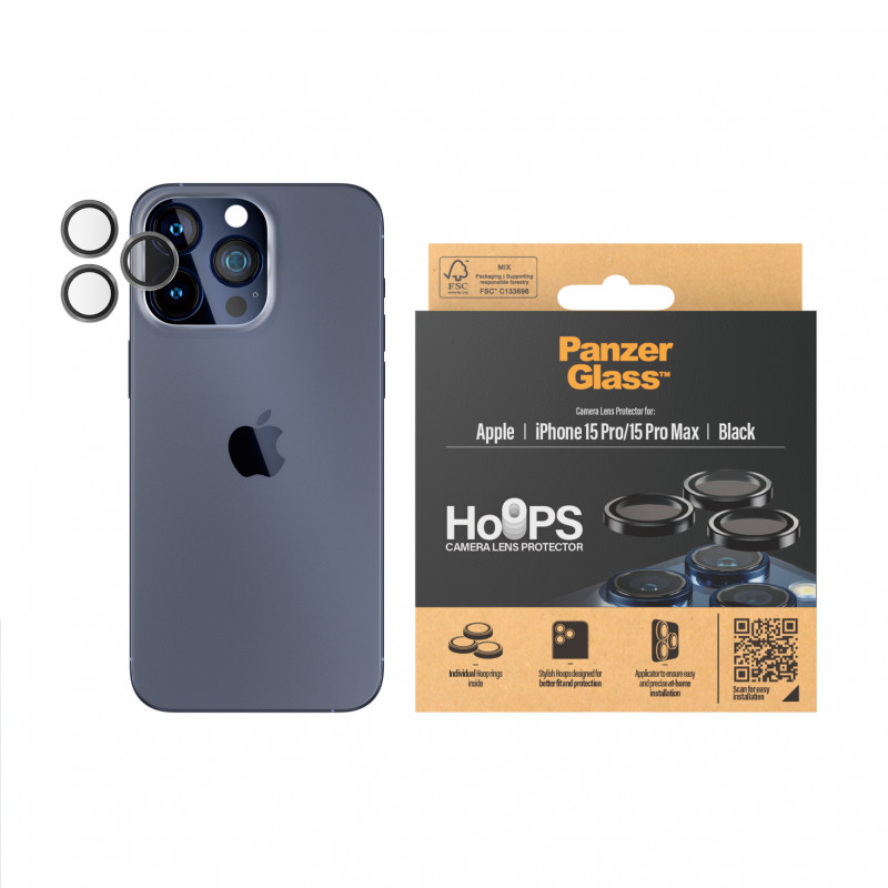  Стъклен протектор за камера PanzerGlass за Apple iPhone 15 Pro, 15 Pro Max, Hoops, PicturePerfect, Rings, Черен