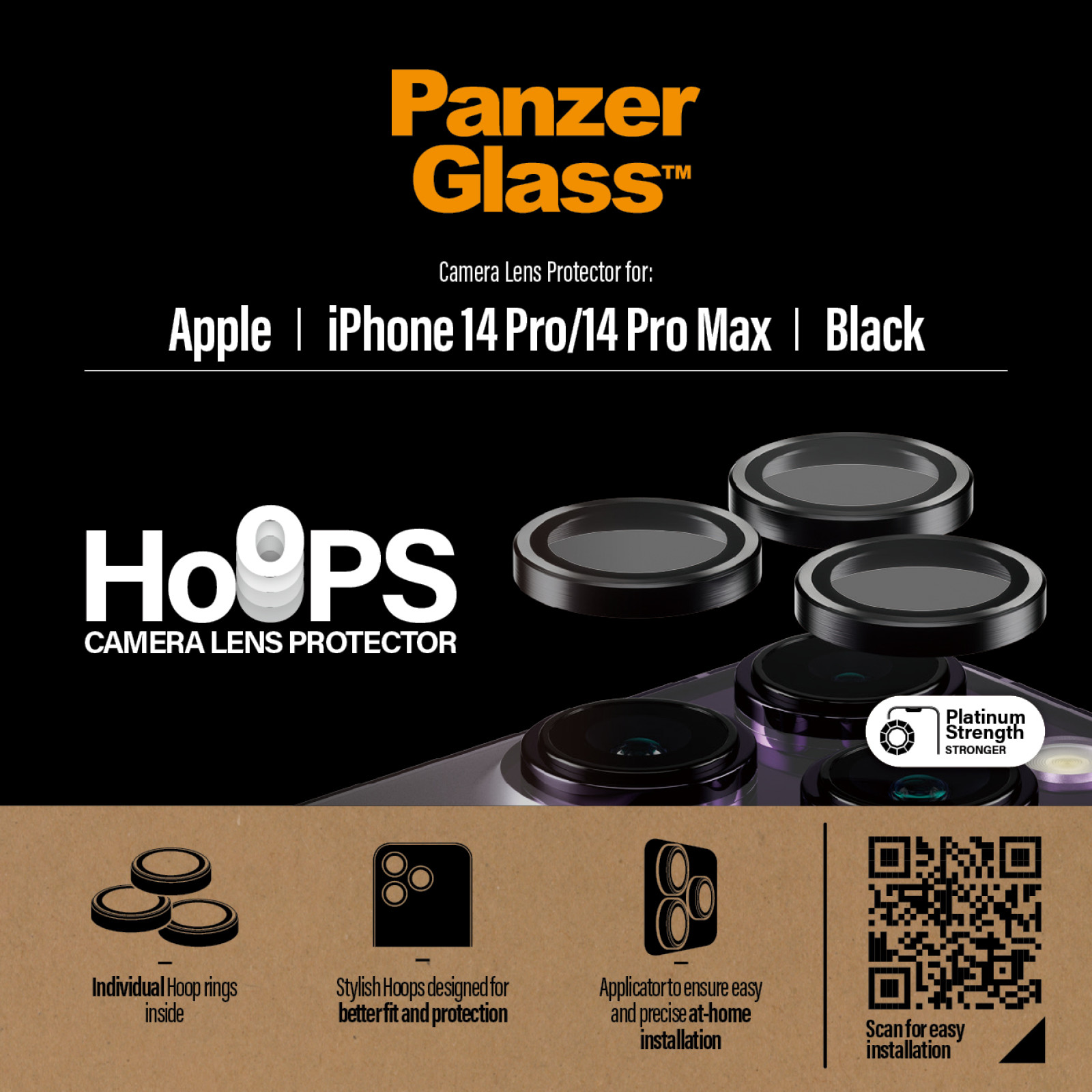 Стъклен протектор за камера PanzerGlass за Apple iPhone 14 Pro, 14 Pro Max, Hoops, PicturePerfect, Rings, Черен