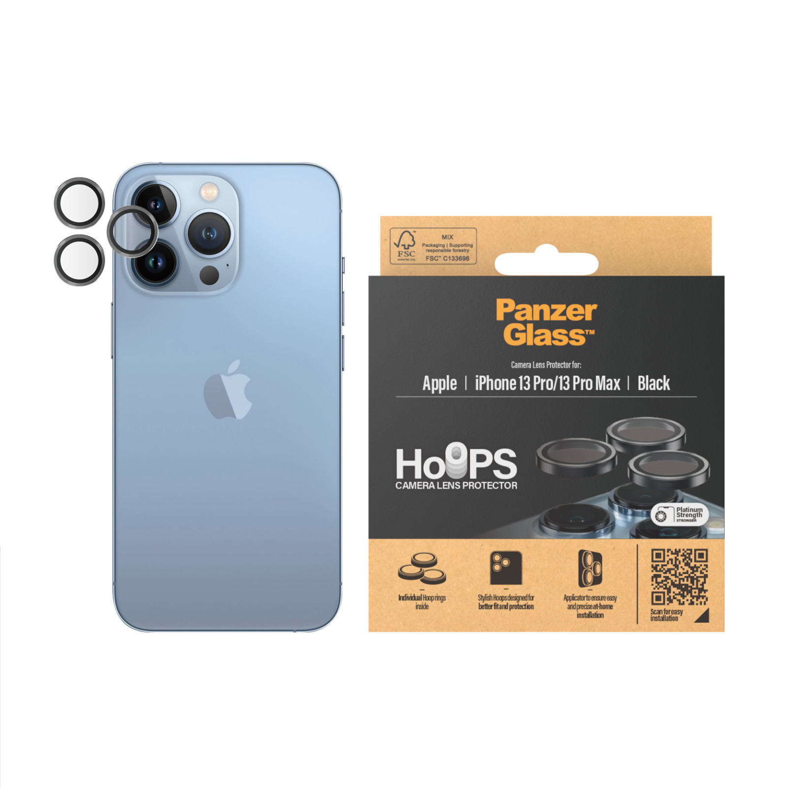 Стъклен протектор за камера PanzerGlass за Apple iPhone 13 Pro, 13 Pro Max, Hoops, PicturePerfect, Rings, Черен