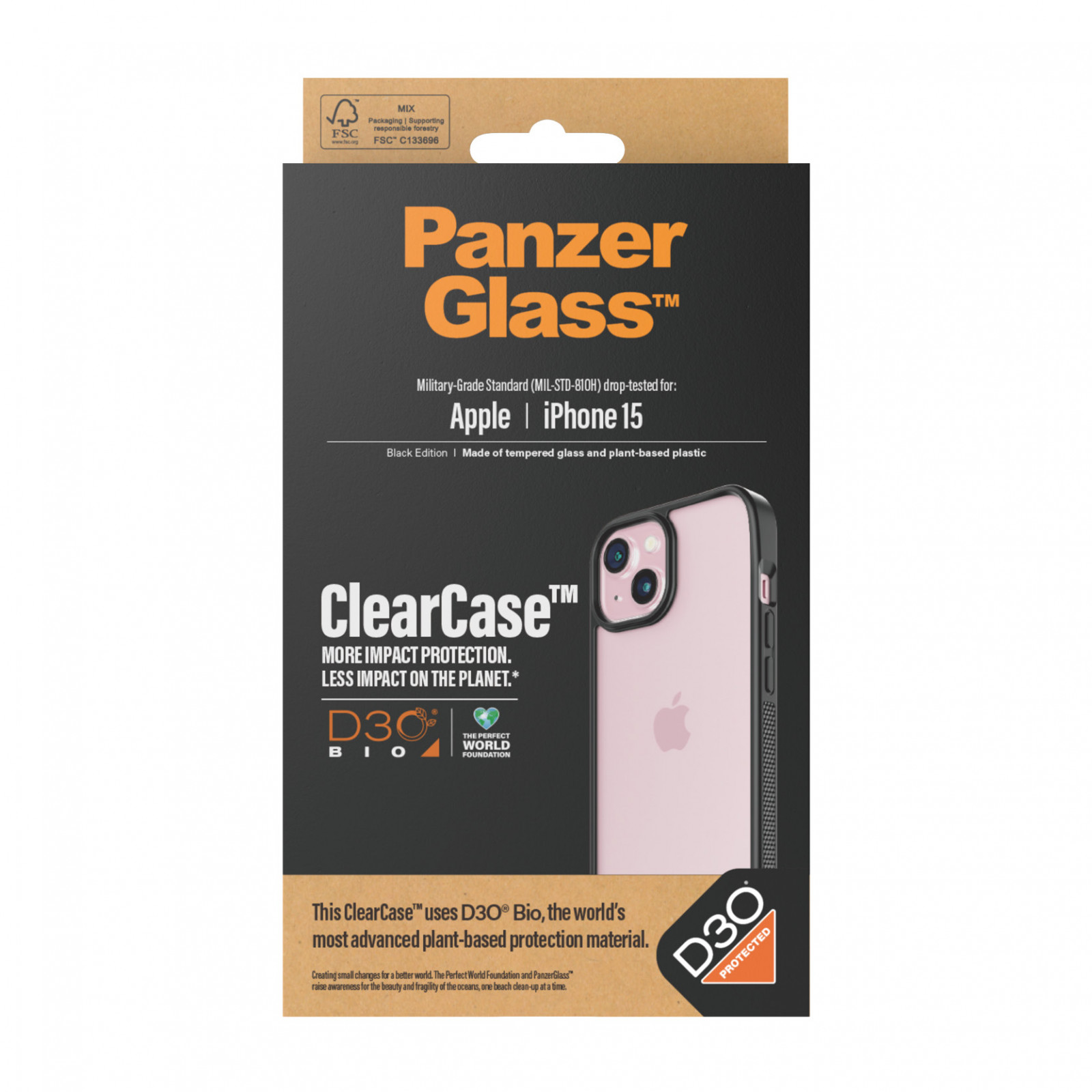 Гръб PanzerGlass за Apple iPhone 15, Clearcase с D3O, Черен