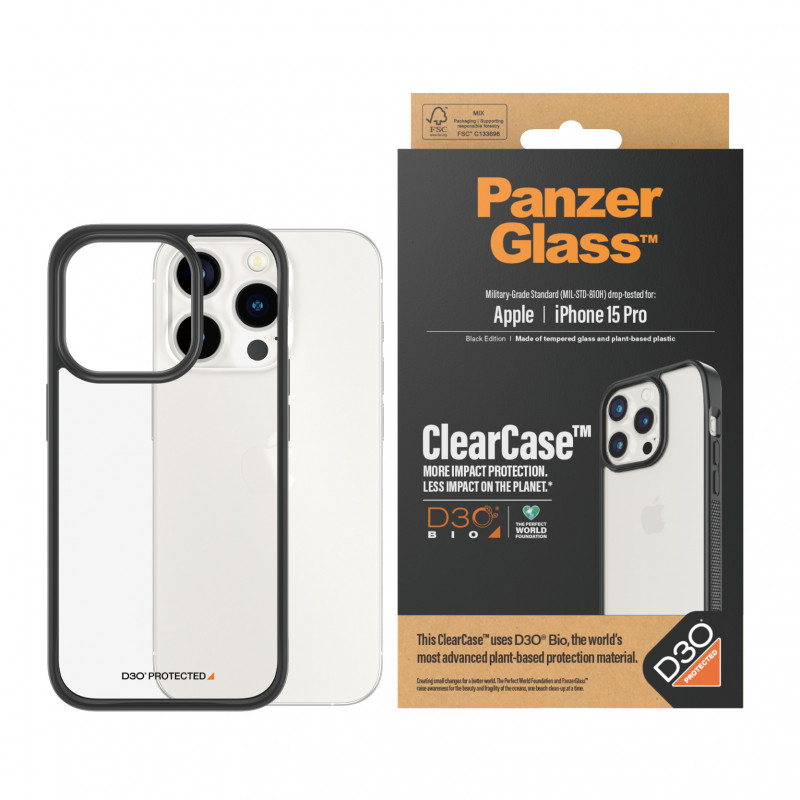 Гръб PanzerGlass за Apple iPhone 15 Pro, Clearcase с D3O, Черен