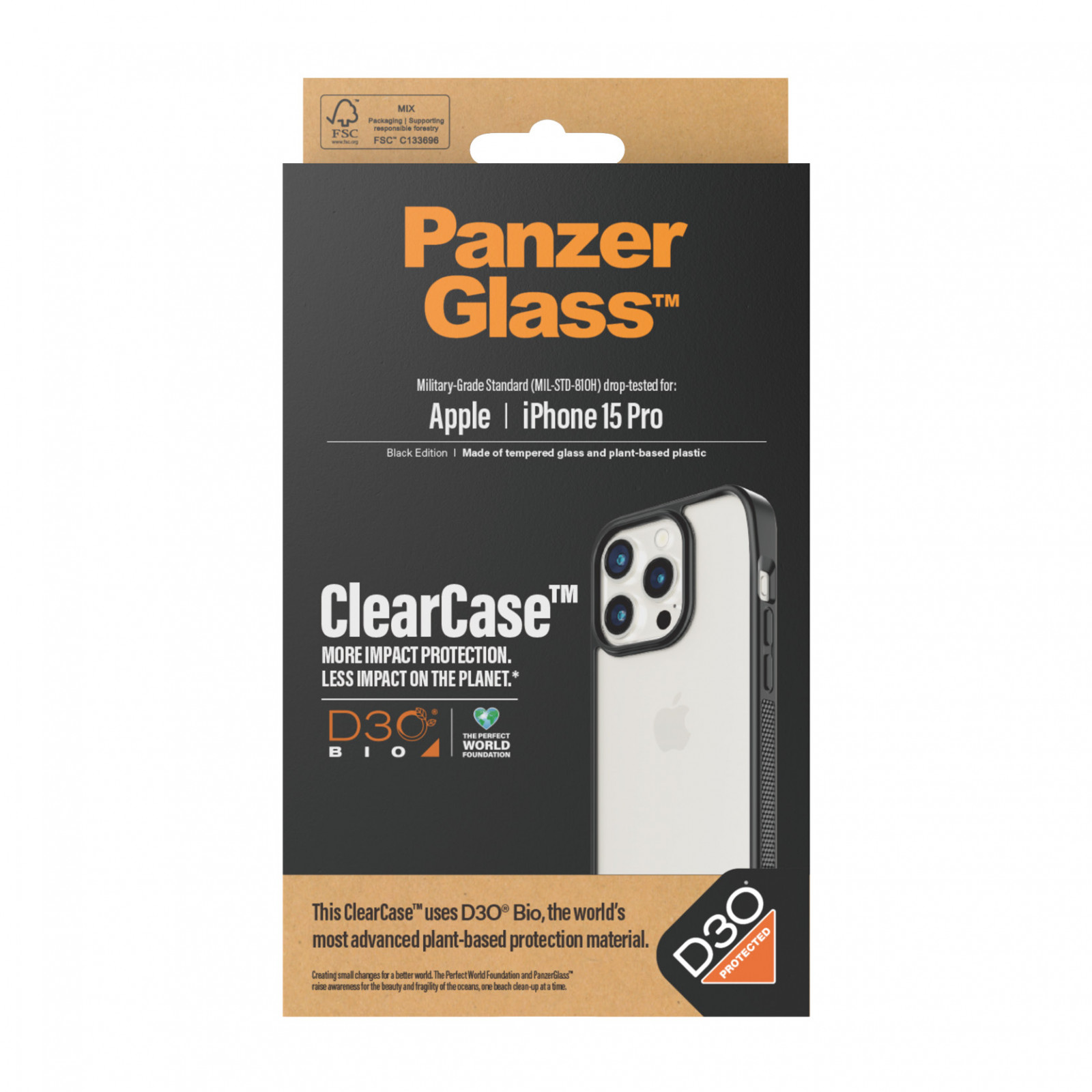 Гръб PanzerGlass за Apple iPhone 15 Pro, Clearcase с D3O, Черен