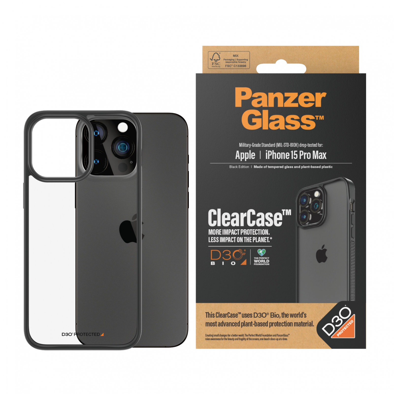 Гръб PanzerGlass за Apple iPhone 15 Pro Max, Clearcase с D3O, Черен