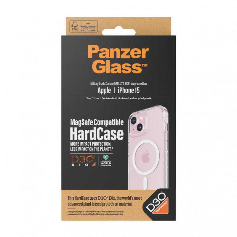 Гръб PanzerGlass за Apple iPhone 15, Hardcase с D3O, MagSafe, Прозрачен