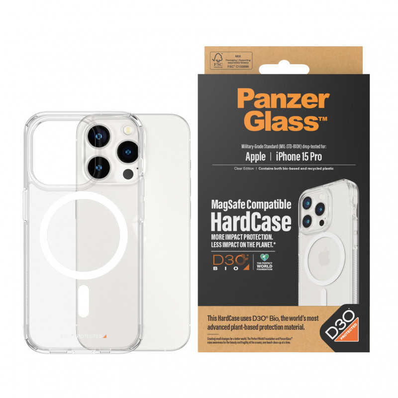 Гръб PanzerGlass за Apple iPhone 15 Pro, Hardcase с D3O, MagSafe, Прозрачен