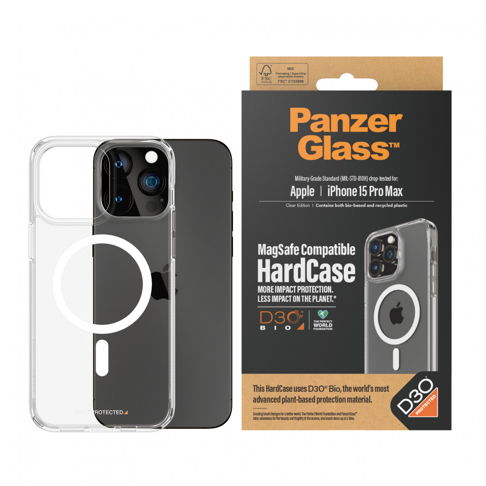 Гръб PanzerGlass за Apple iPhone 15 Pro Max, Hardcase с D3O, MagSafe, Прозрачен