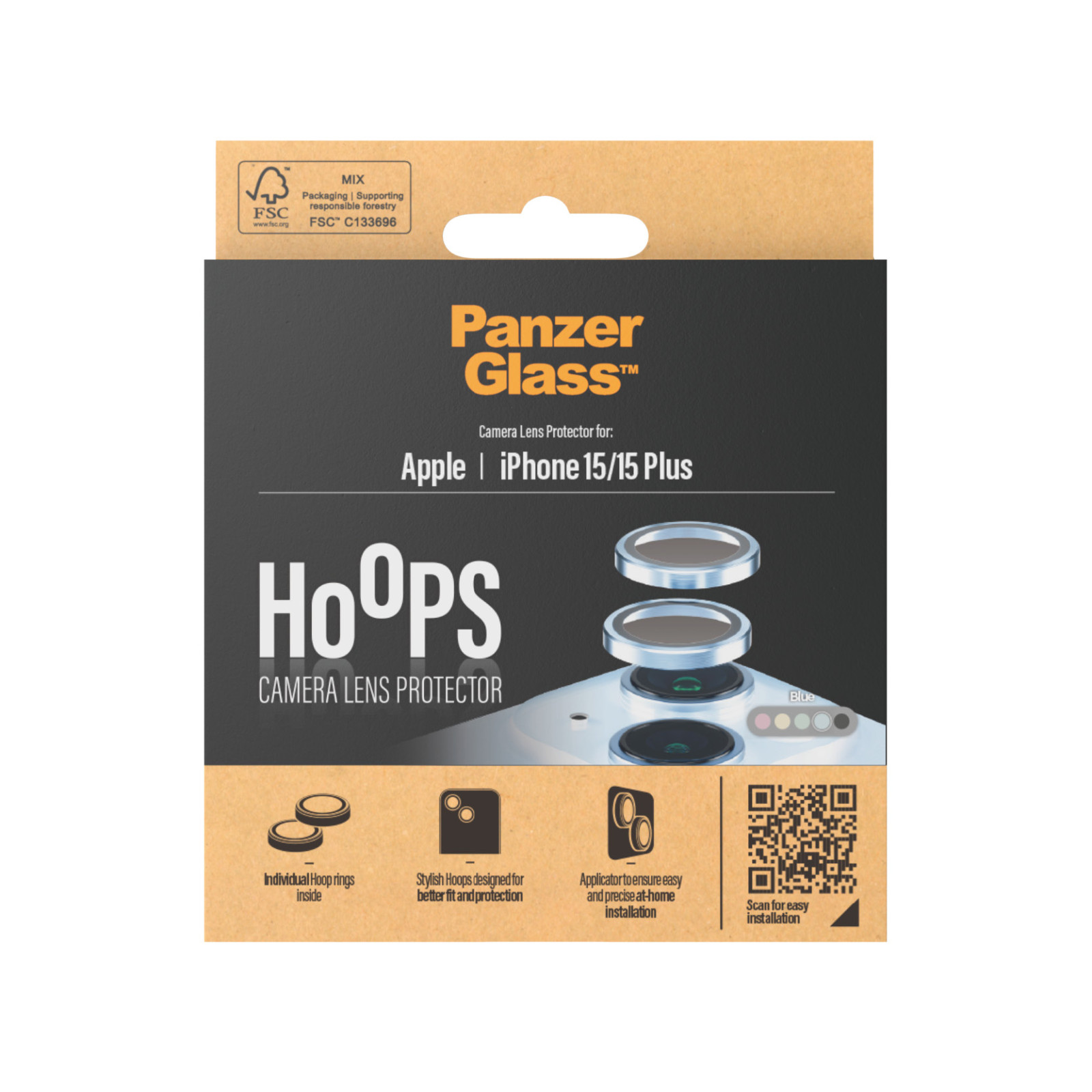 Стъклен протектор за камера PanzerGlass за Apple iPhone 15, 15 Plus, Hoops, PicturePerfect, Rings, Син