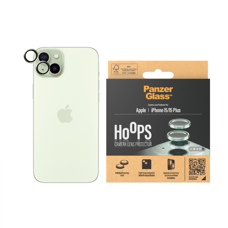 Стъклен протектор за камера PanzerGlass за Apple iPhone 15, 15 Plus, Hoops, PicturePerfect, Rings, Зелен