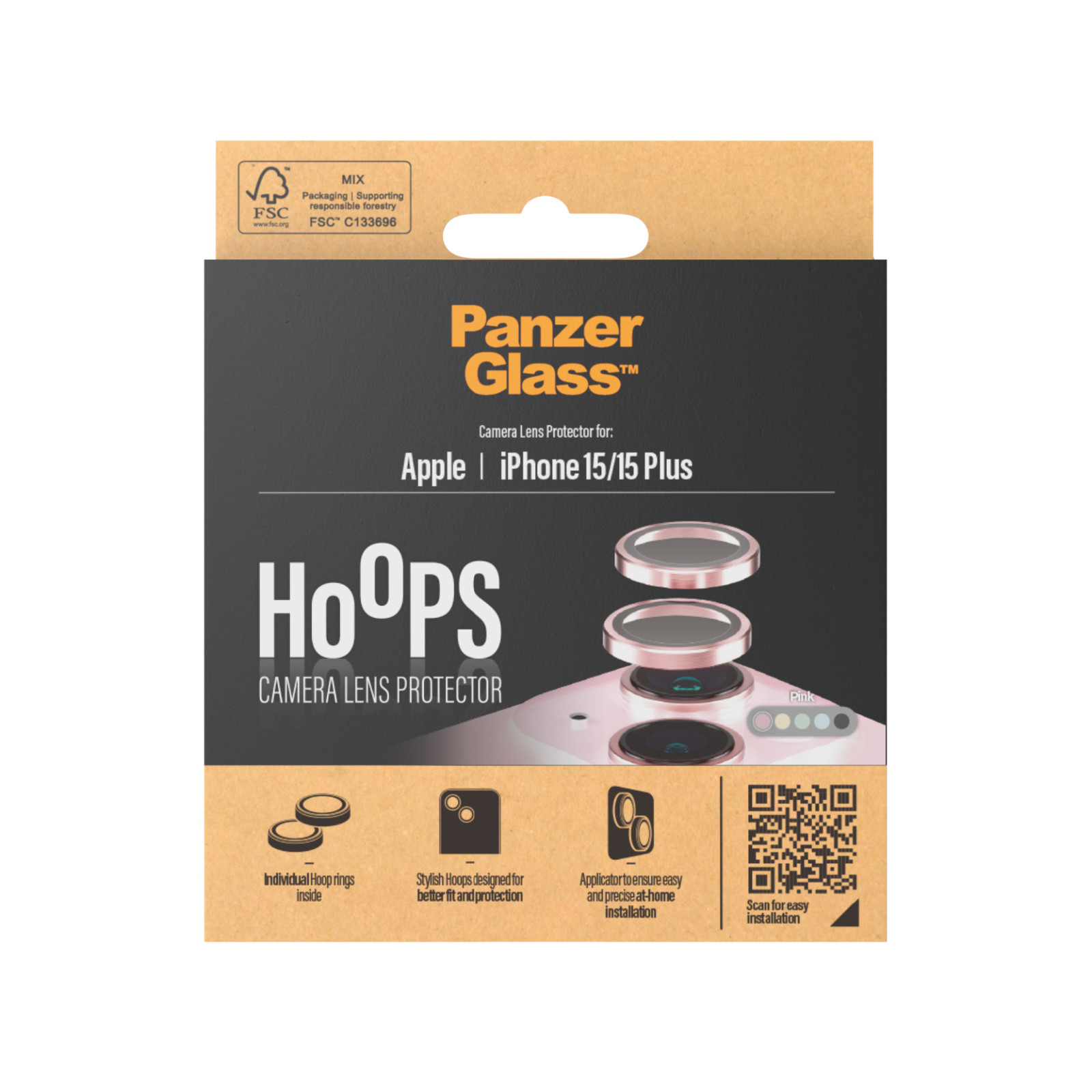 Стъклен протектор за камера PanzerGlass за Apple iPhone 15, 15 Plus, Hoops, PicturePerfect, Rings, Розов