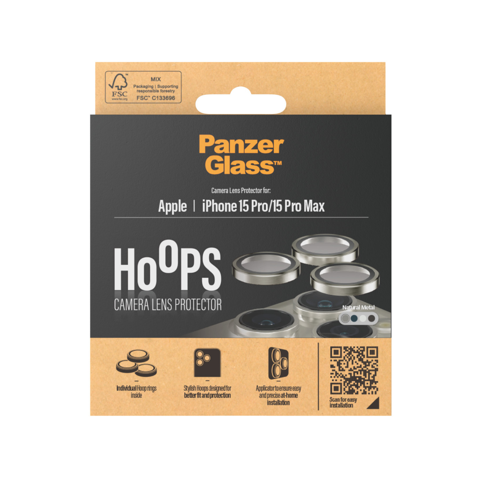 Стъклен протектор за камера PanzerGlass за Apple iPhone 15 Pro, 15 Pro Max, Hoops, PicturePerfect, Rings, Titanium