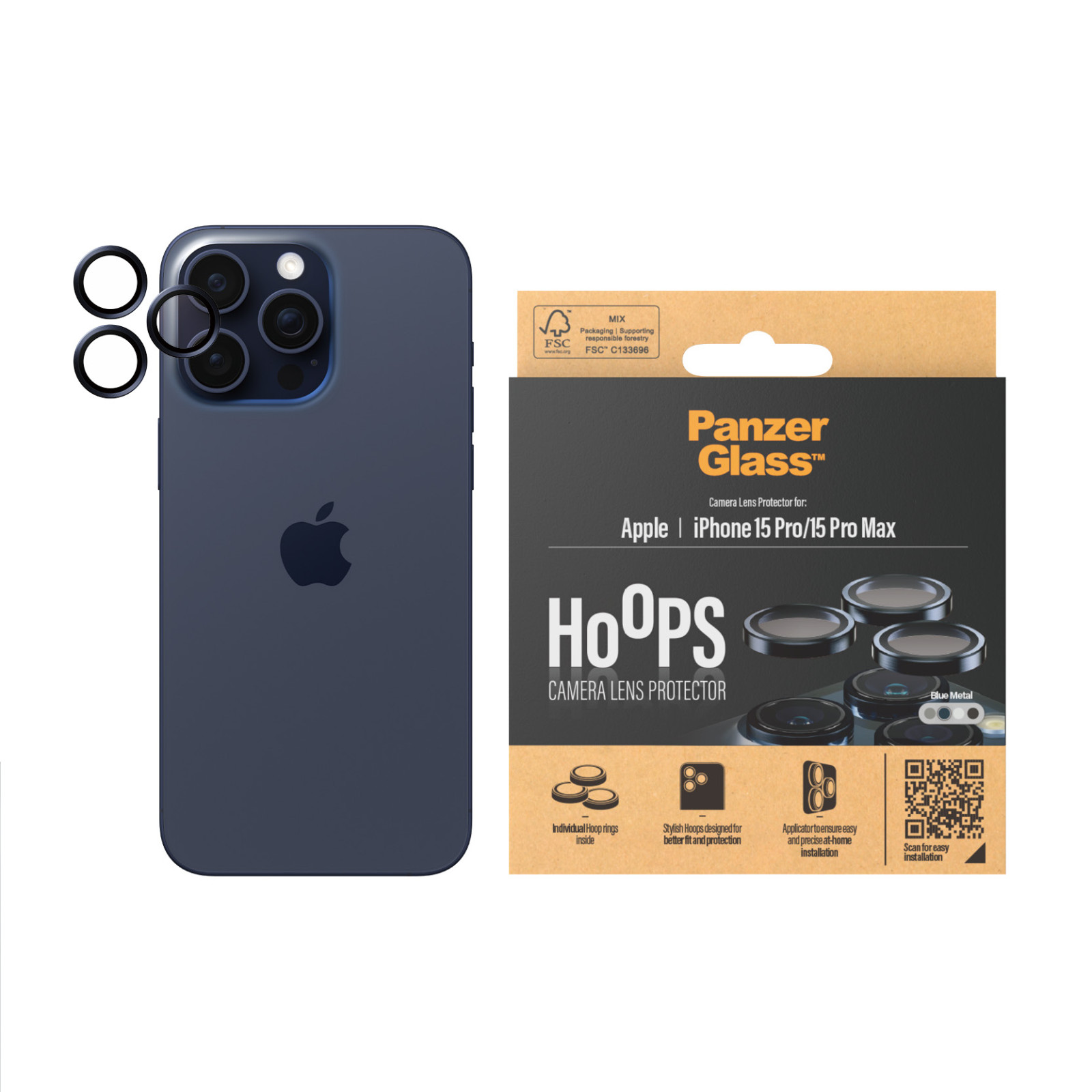 Стъклен протектор за камера PanzerGlass за Apple iPhone 15 Pro, 15 Pro Max, Hoops, PicturePerfect, Rings, Тъмно Син