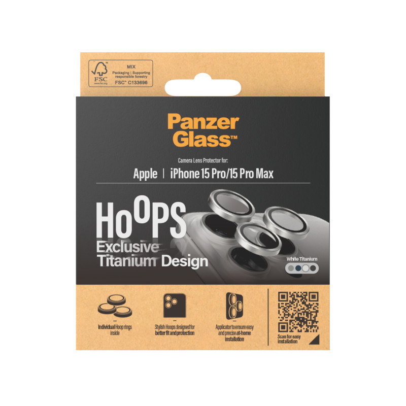 Стъклен протектор за камера PanzerGlass за Apple iPhone 15 Pro, 15 Pro Max, Hoops, PicturePerfect, Rings, Бял