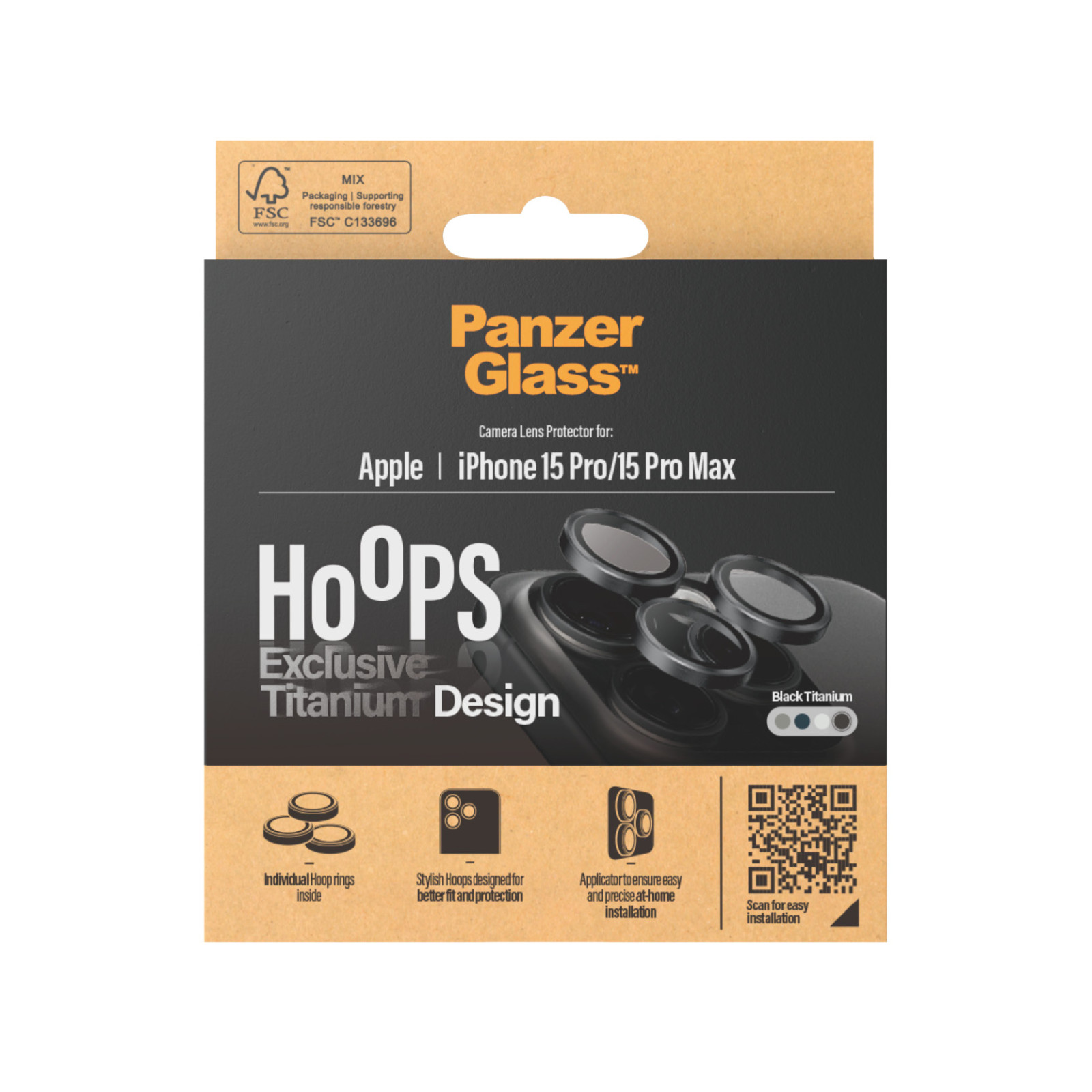 Стъклен протектор за камера PanzerGlass за Apple iPhone 15 Pro, 15 Pro Max, Hoops, PicturePerfect, Rings, Черен