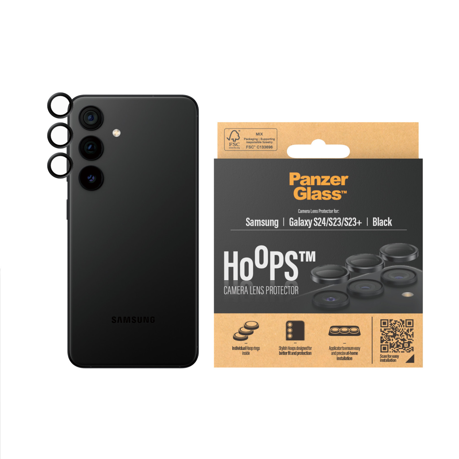 Стъклен Протектор за камера PanzerGlass за Samsung Galaxy S24, S23, S23+,  Hoops, Черен