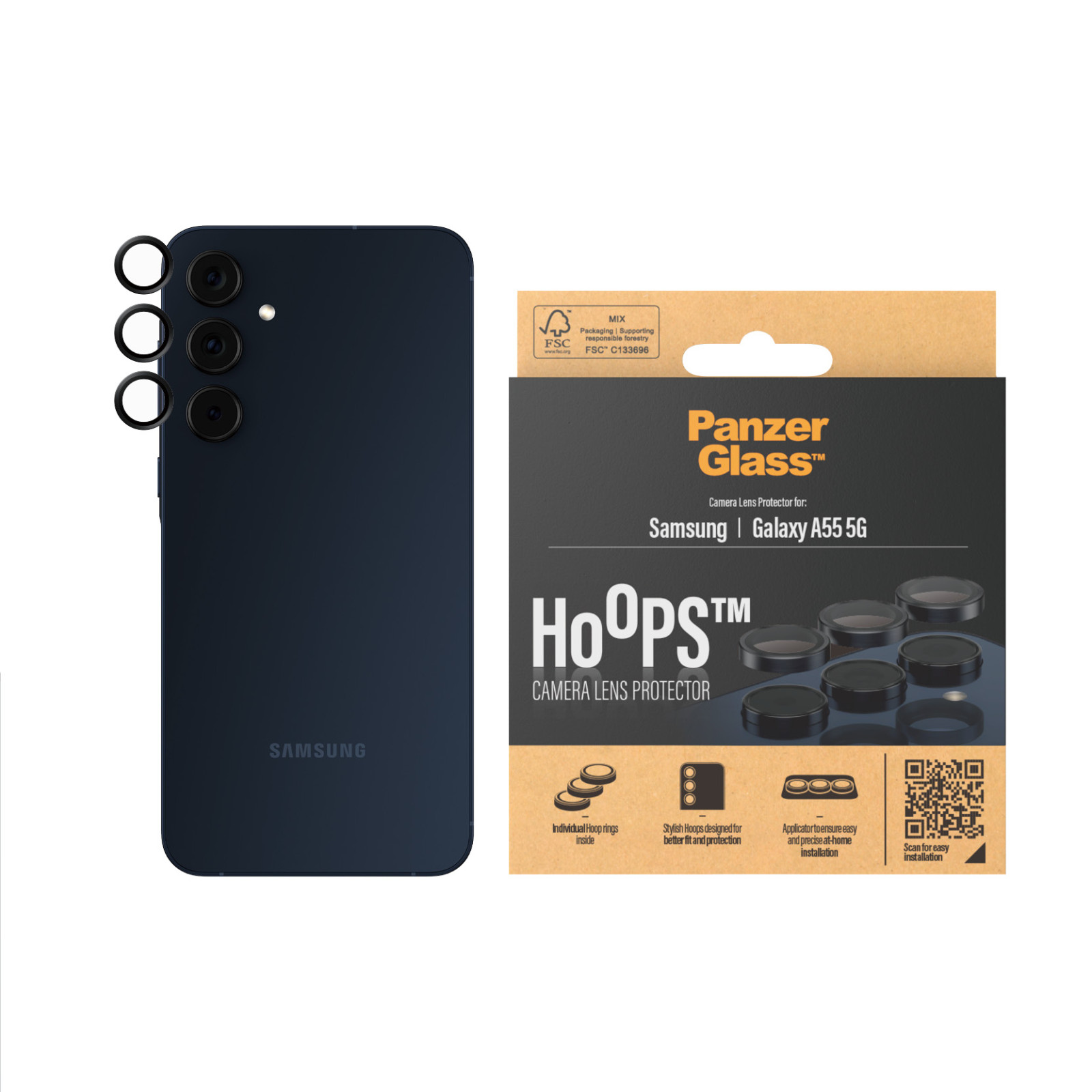 Стъклен Протектор за камера PanzerGlass за Samsung Galaxy A55 5 G, Hoops, Черен