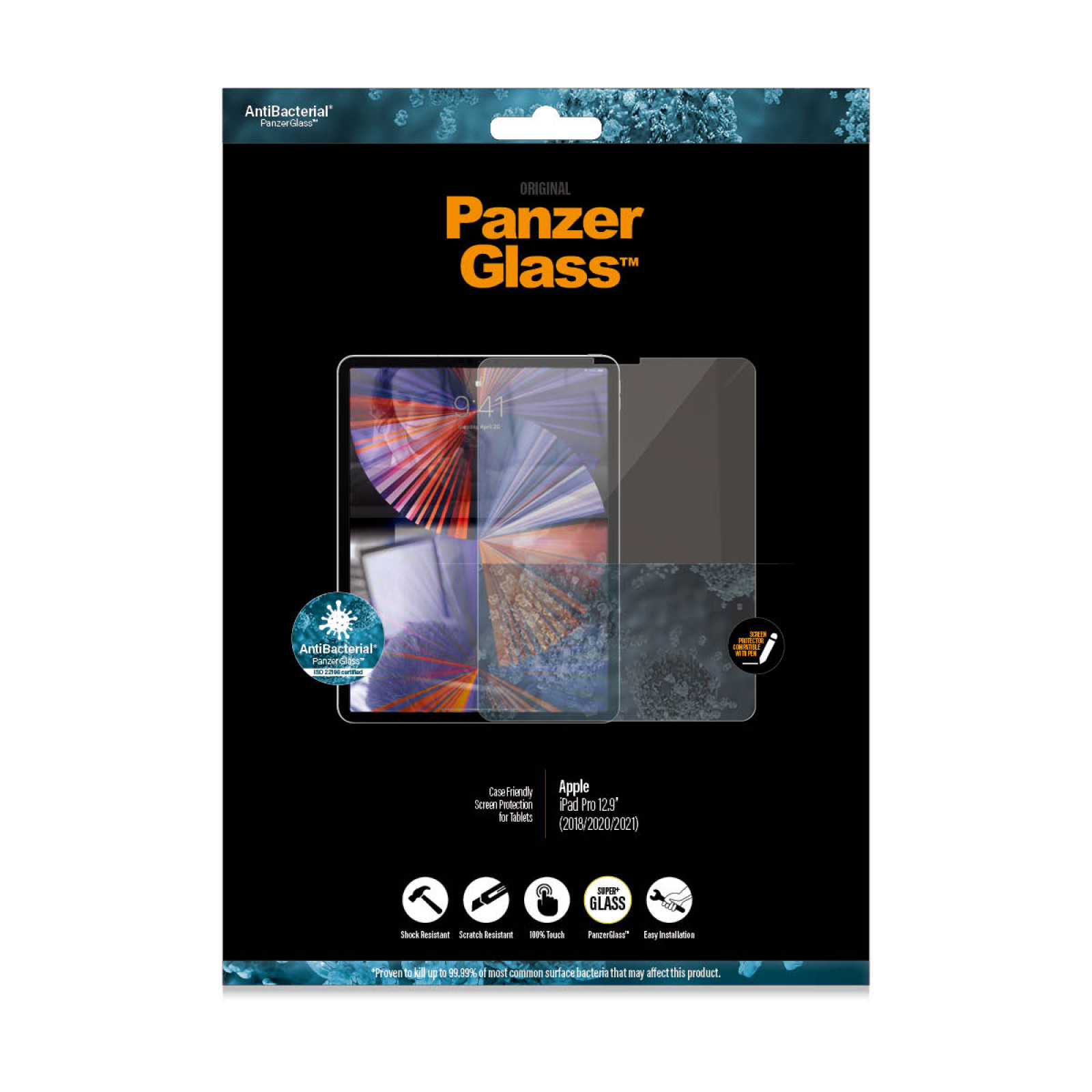Стъклен протектор PanzerGlass за Apple Ipad Pro 12.9 ( 2018/20/21/22), Antibacterial - Черен