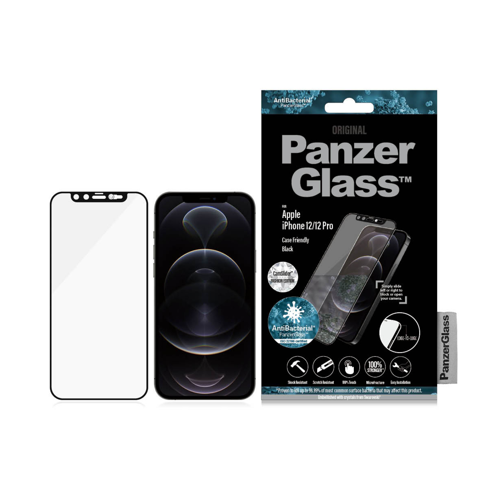 Стъклен протектор PanzerGlass за Apple Iphone 12 /12 Pro, CaseFriendly, CamSlaider, Swarovski -Черен