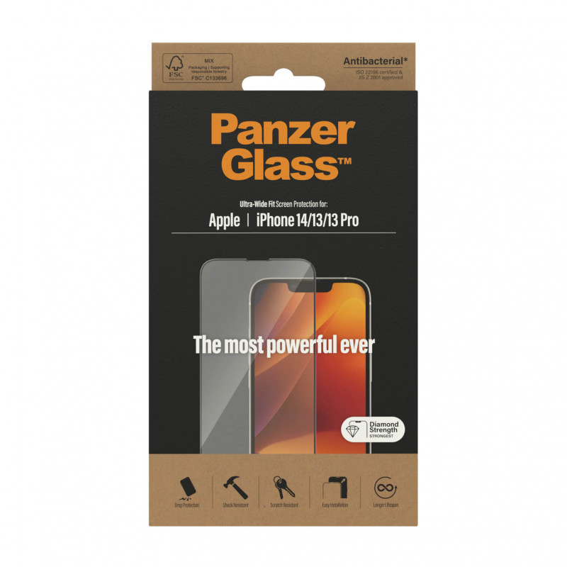 Стъклен протектор PanzerGlass за Apple Iphone 14 / 13/ 13 Pro, UWF, Antibacterial - Черен