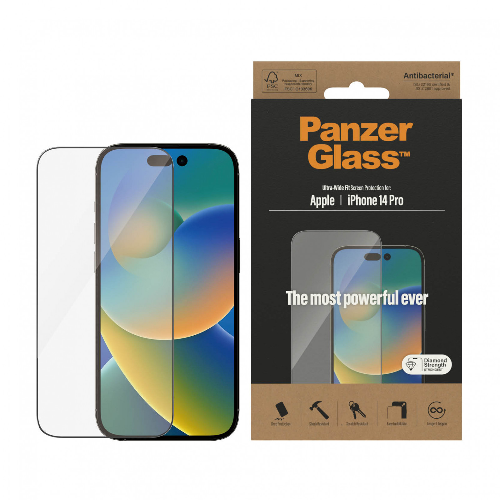 Стъклен протектор PanzerGlass за Apple Iphone 14 Pro, UWF, Antibacterial - Черен