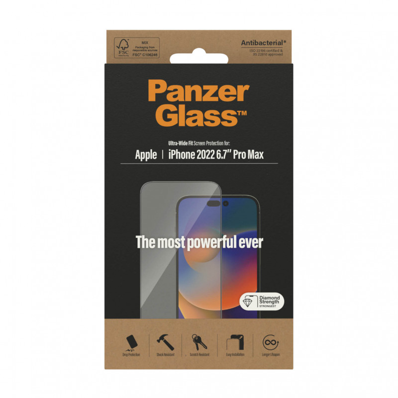 Стъклен протектор PanzerGlass за Apple Iphone 14 Pro MAX, UWF, Antibacterial,Черен
