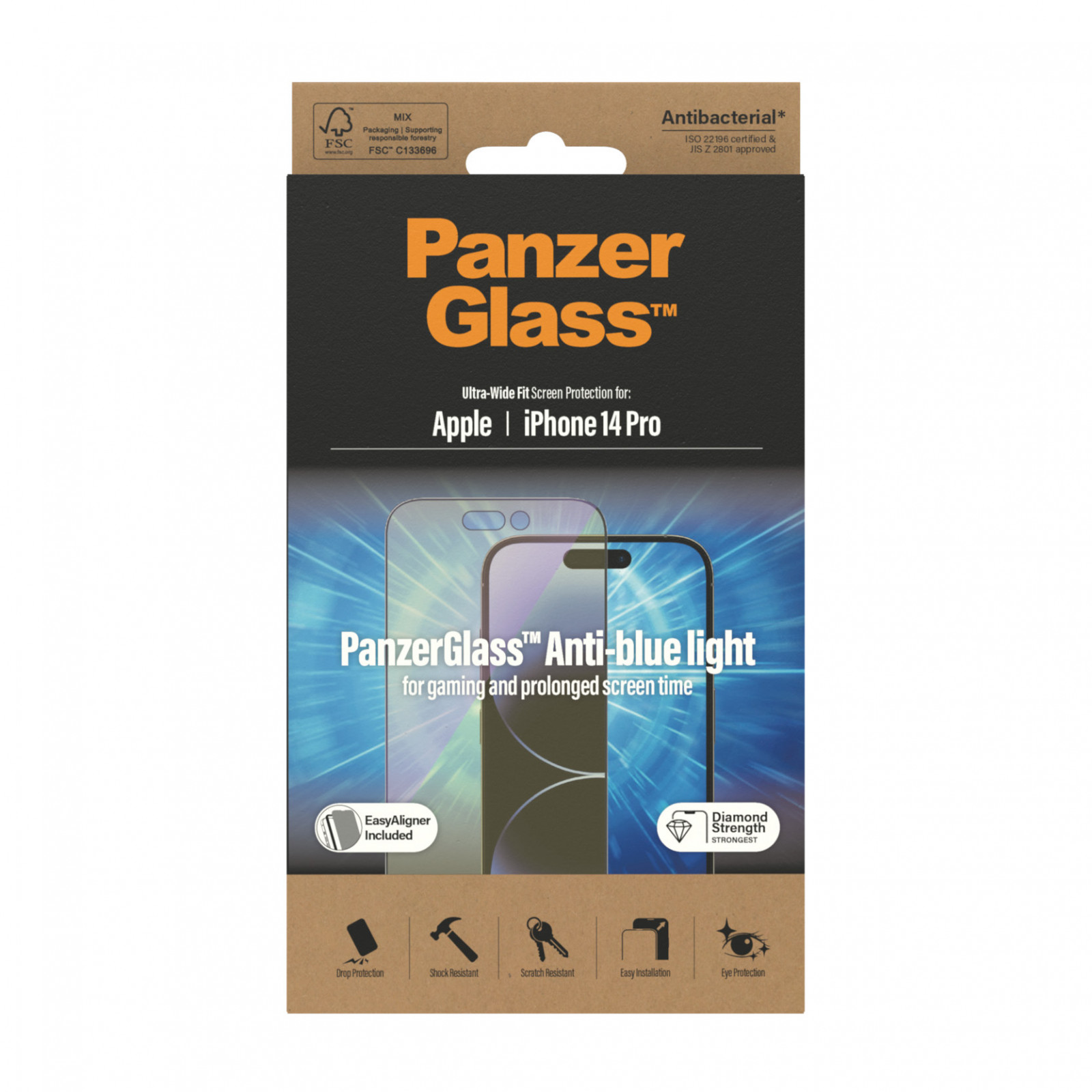 Стъклен протектор PanzerGlass за Apple Iphone 14 Pro  Anti-Bluelight, CaseFriendly, Antibacterial, Черен