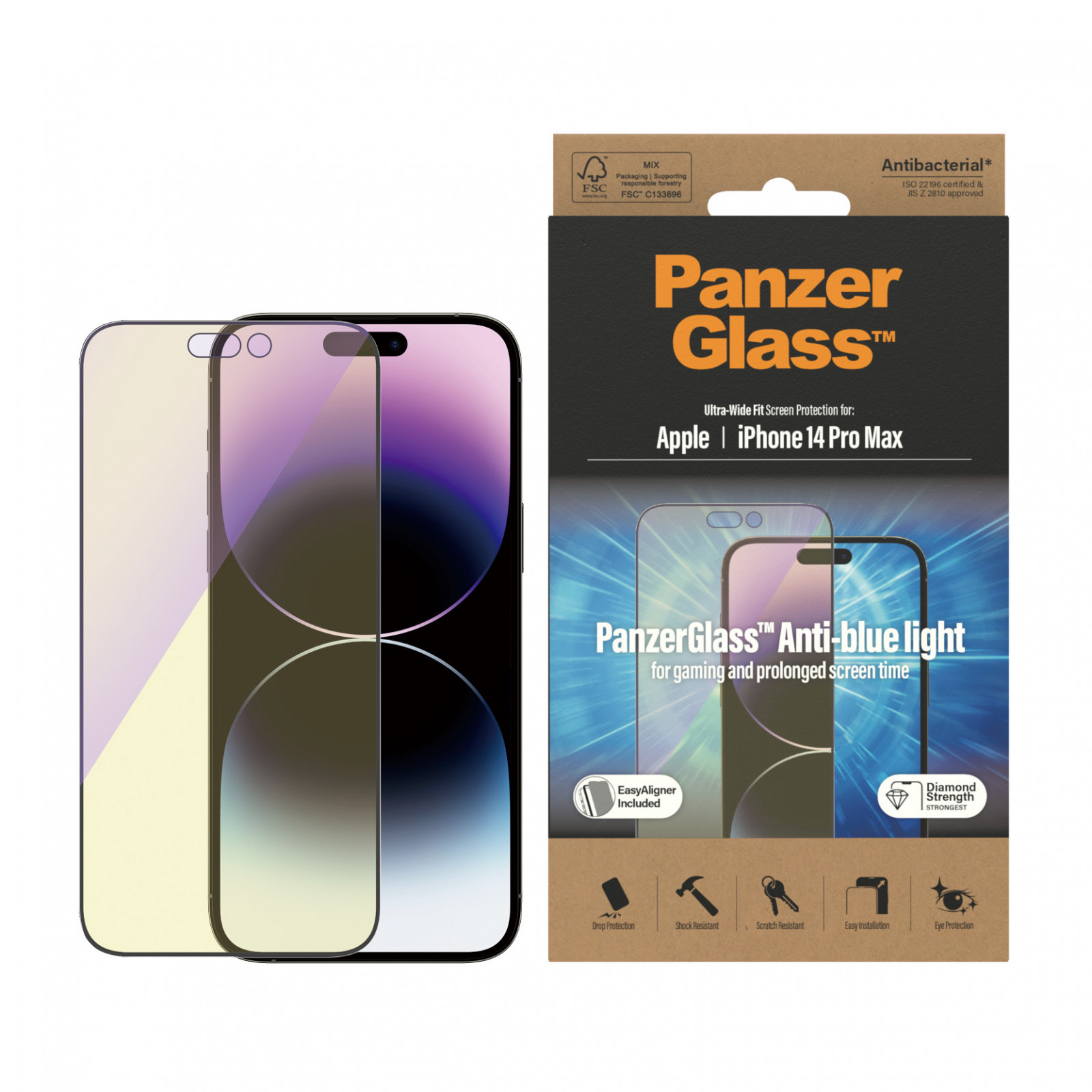 Стъклен протектор PanzerGlass за Apple Iphone 14 Pro Max  Anti-Bluelight, CaseFriendly, Antibacterial, Черен