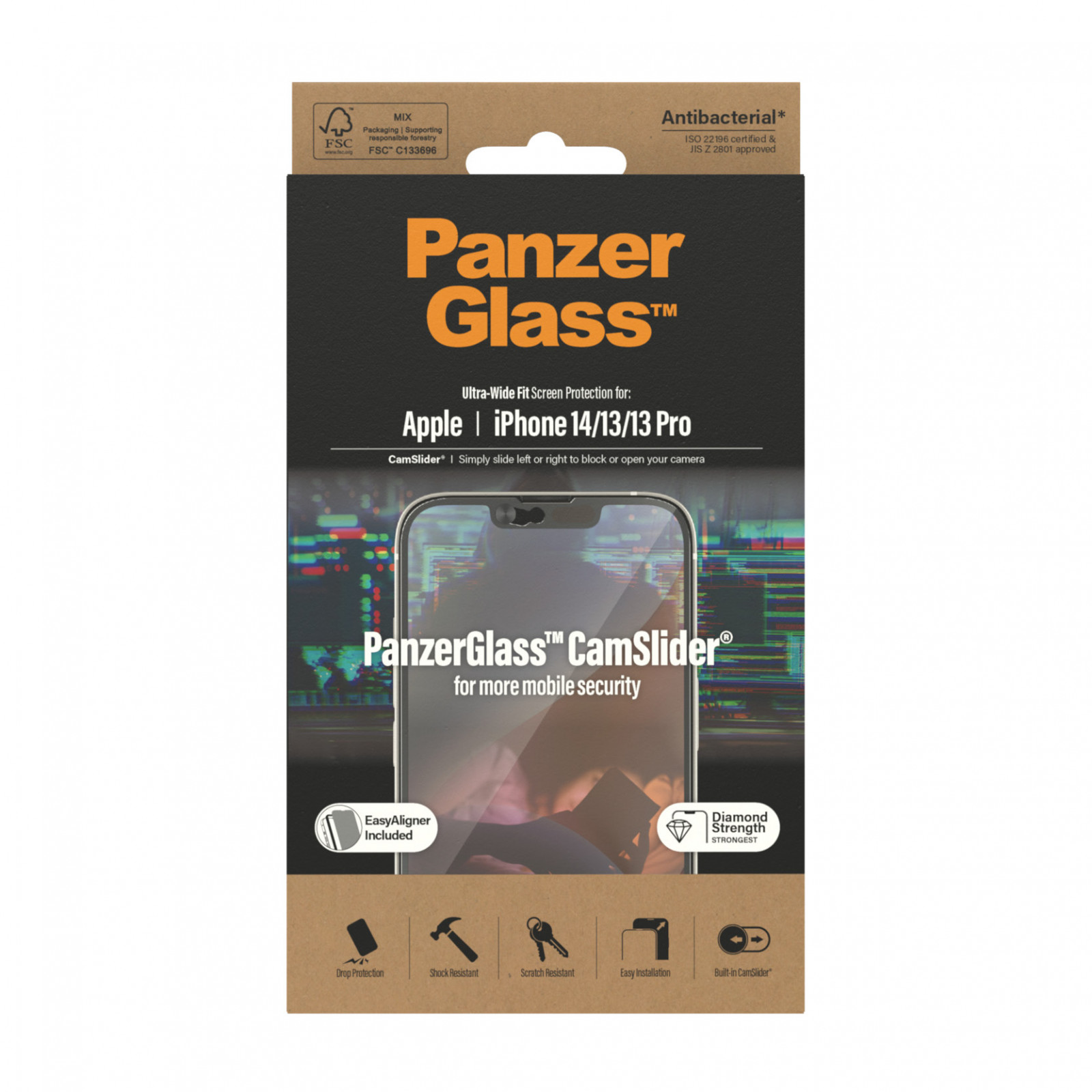 Стъклен протектор PanzerGlass за Apple Iphone 14 / 13/ 13 Pro, UWF, Camslider,Antibacterial - Черен