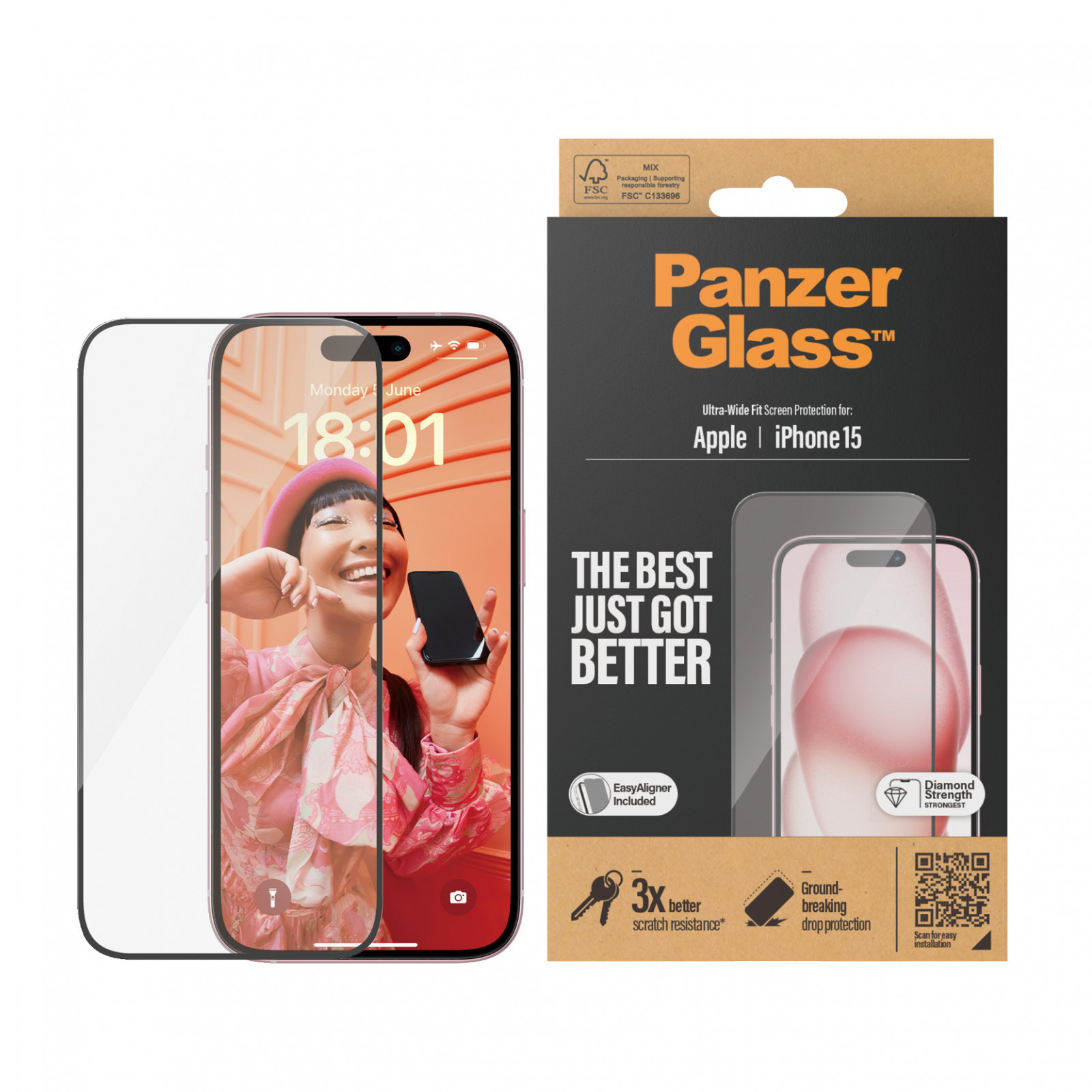 Стъклен протектор PanzerGlass за Apple iPhone 15 UWF с рамка за инсталация, Черен
