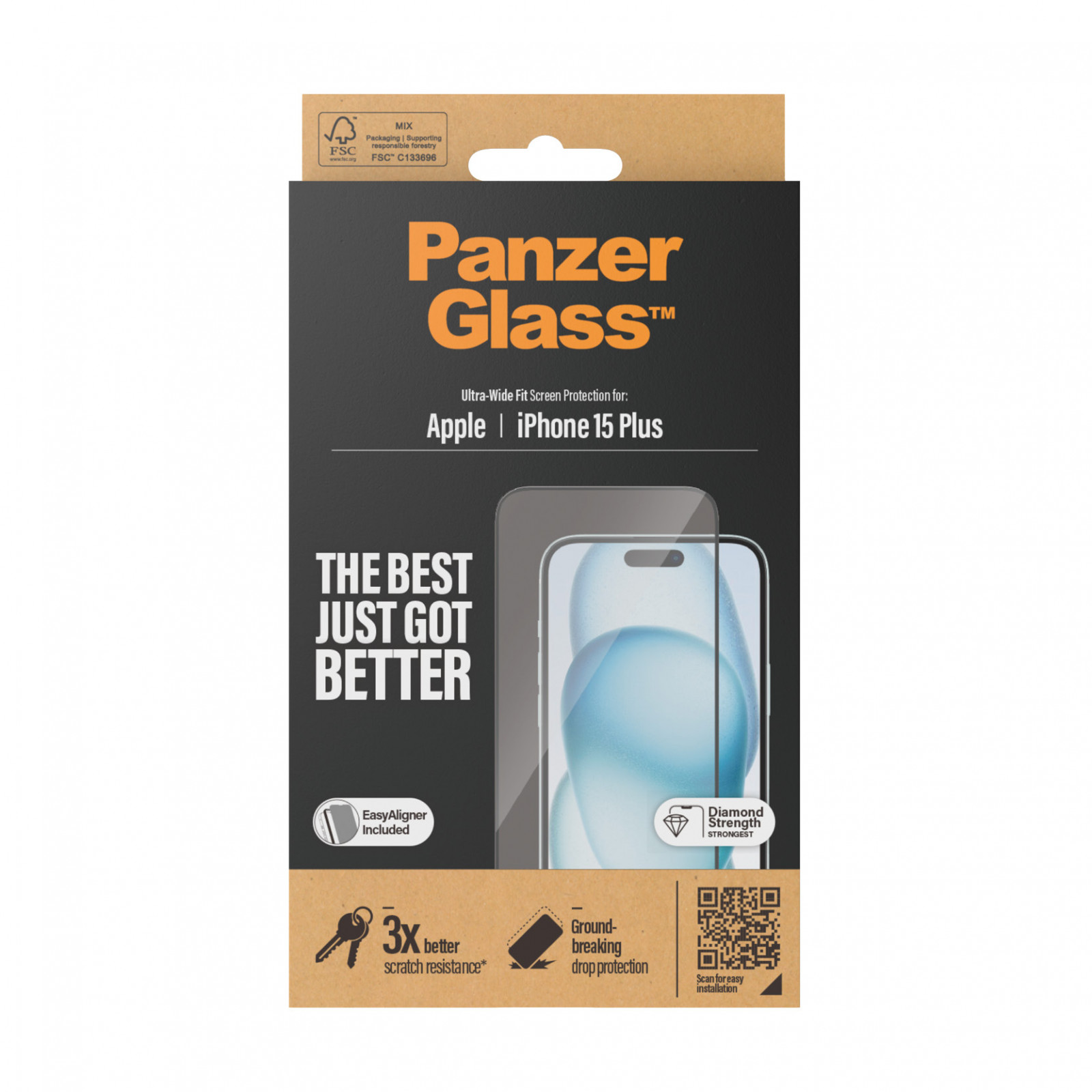 Стъклен протектор PanzerGlass за Apple iPhone 15 Plus, UWF с рамка за инсталация, Черен