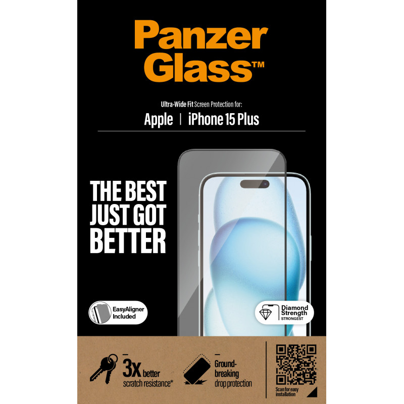 Стъклен протектор PanzerGlass за Apple iPhone 15 Plus, UWF с рамка за инсталация, Черен