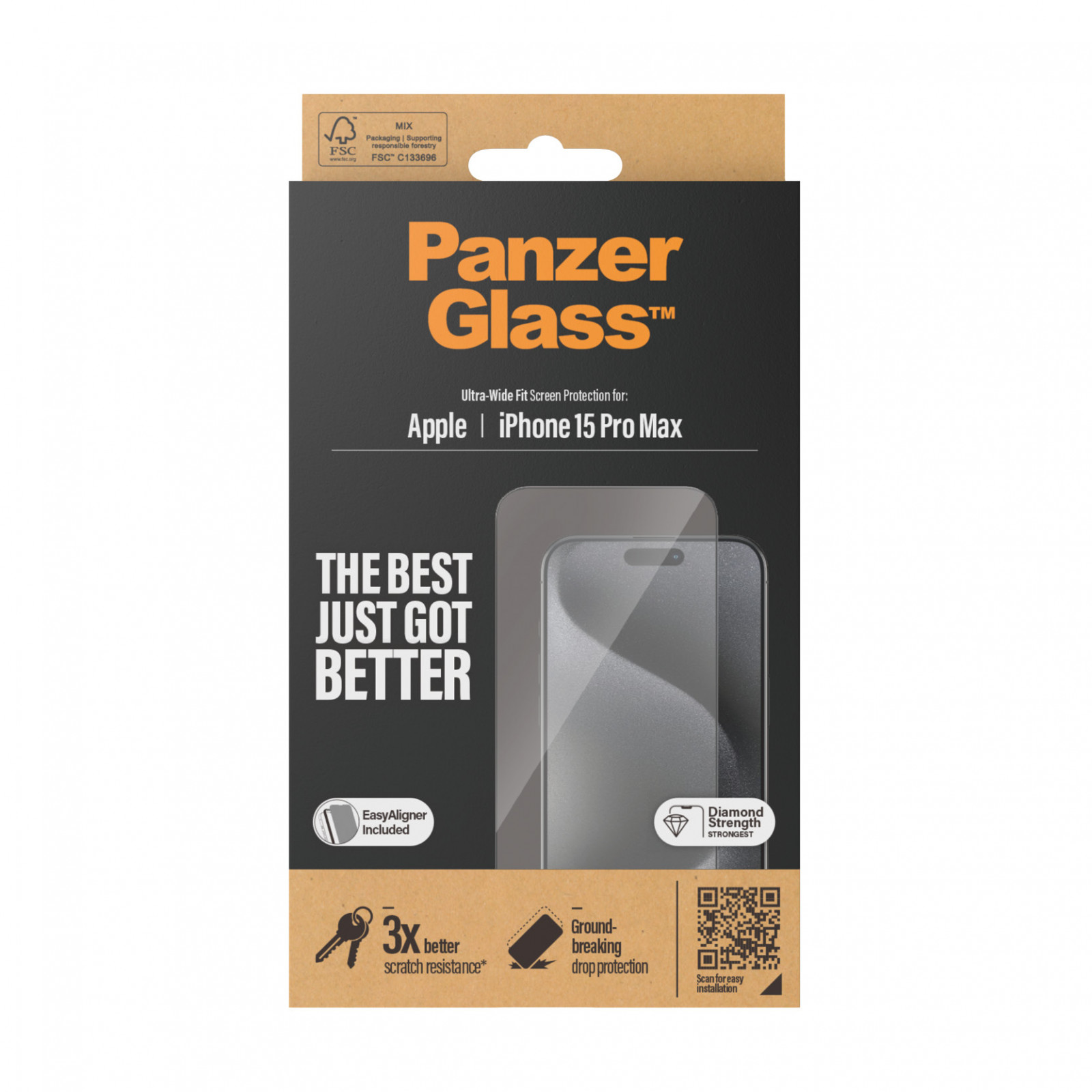 Стъклен протектор PanzerGlass за Apple iPhone 15  Pro Max, UWF с рамка за инсталация, Черен