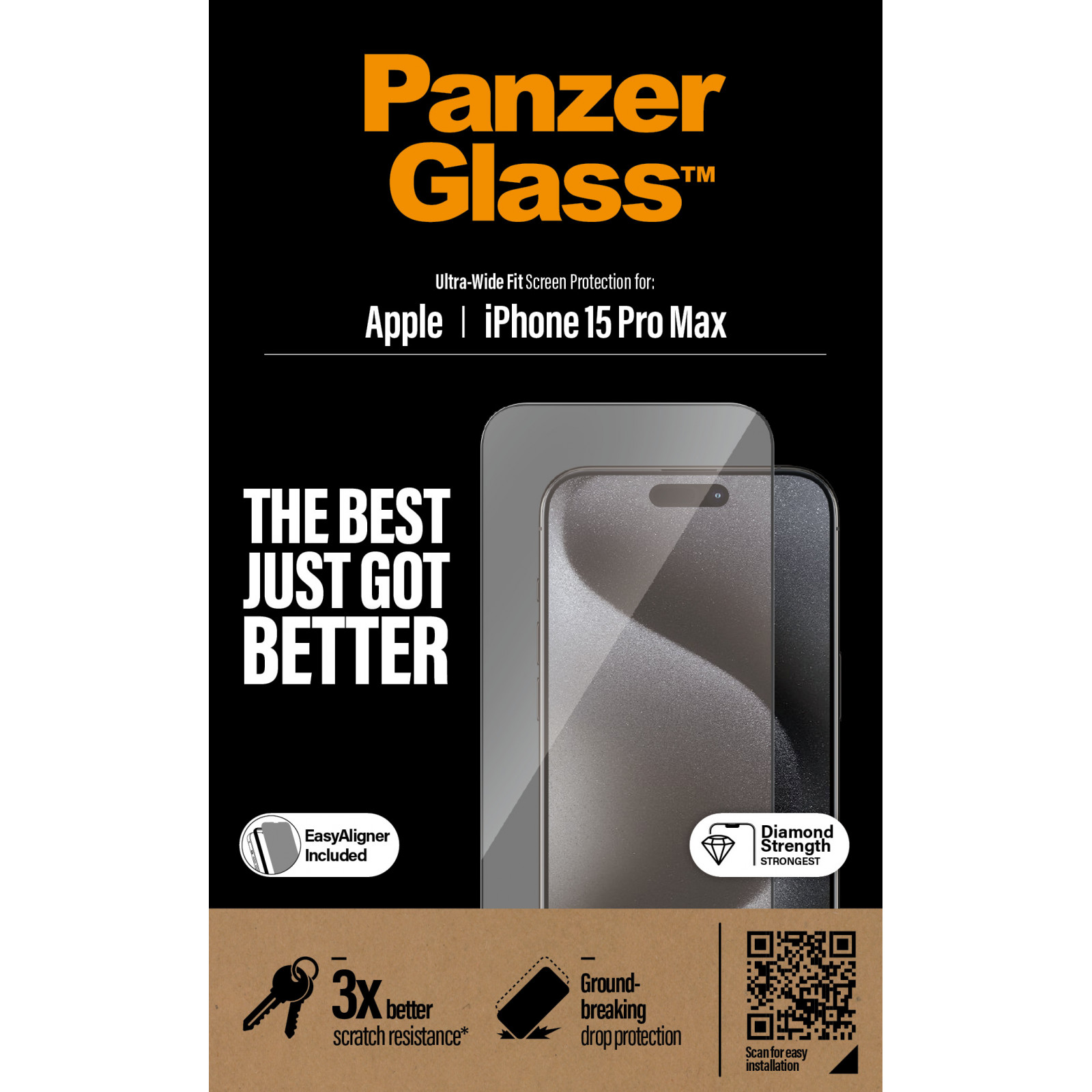 Стъклен протектор PanzerGlass за Apple iPhone 15  Pro Max, UWF с рамка за инсталация, Черен