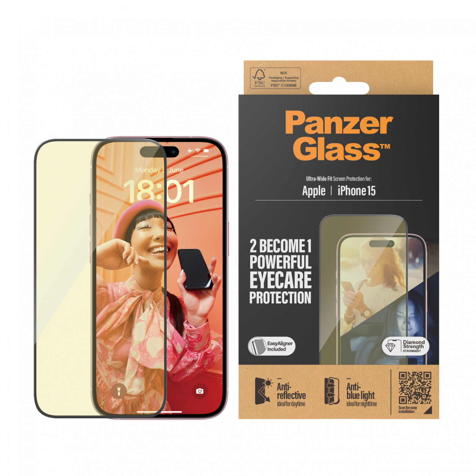 Стъклен протектор PanzerGlass за Apple iPhone 15 , UWF с рамка за инсталация, Antireflective, Antiblue light, Черен