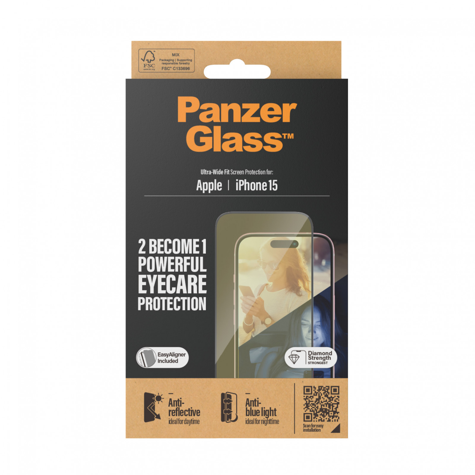 Стъклен протектор PanzerGlass за Apple iPhone 15 , UWF с рамка за инсталация, Antireflective, Antiblue light, Черен