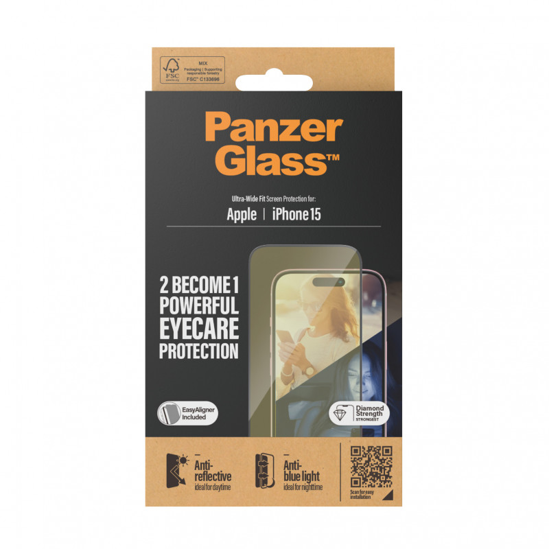 Стъклен протектор PanzerGlass за Apple iPhone 15 , UWF с рамка за инсталация, Antireflective, Antiblue light, Черен