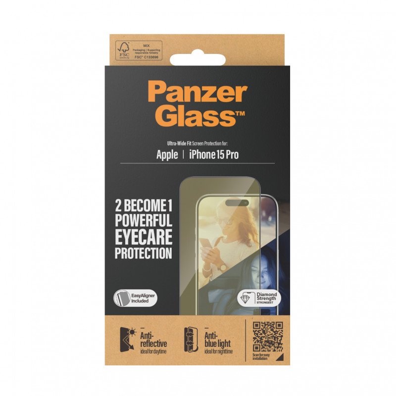 Стъклен протектор PanzerGlass за Apple iPhone 15 Pro , UWF с рамка за инсталация, Antireflective, Antiblue light, Черен