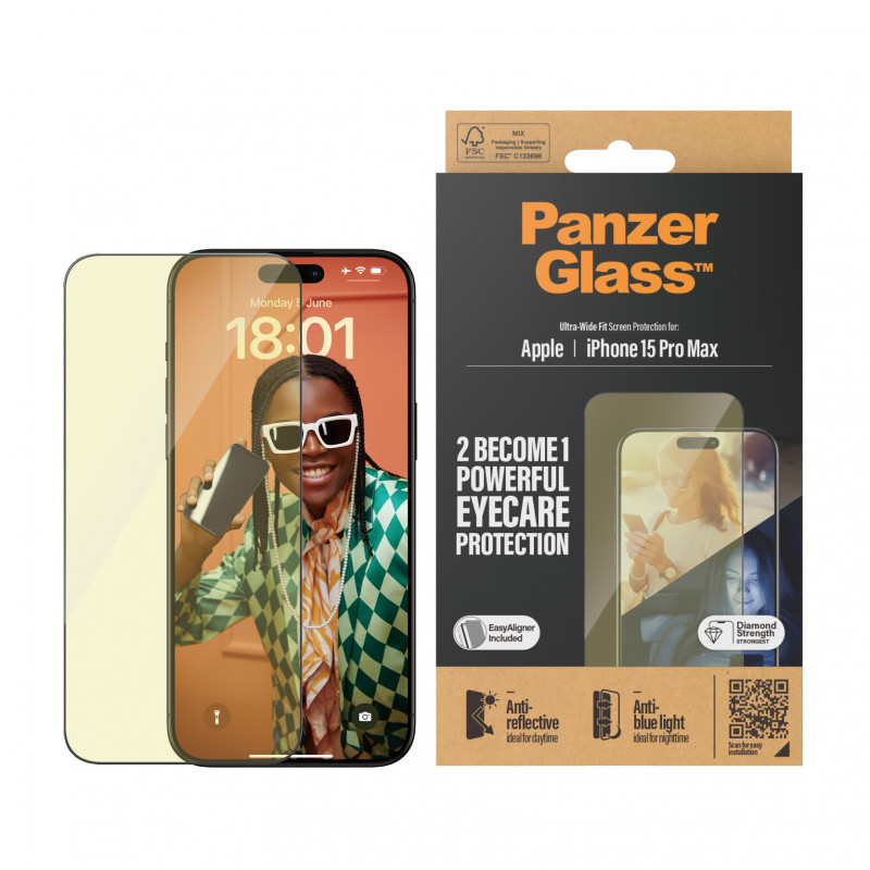 Стъклен протектор PanzerGlass за Apple iPhone 15 Pro Max , UWF с рамка за инсталация, Antireflective, Antiblue light, Черен