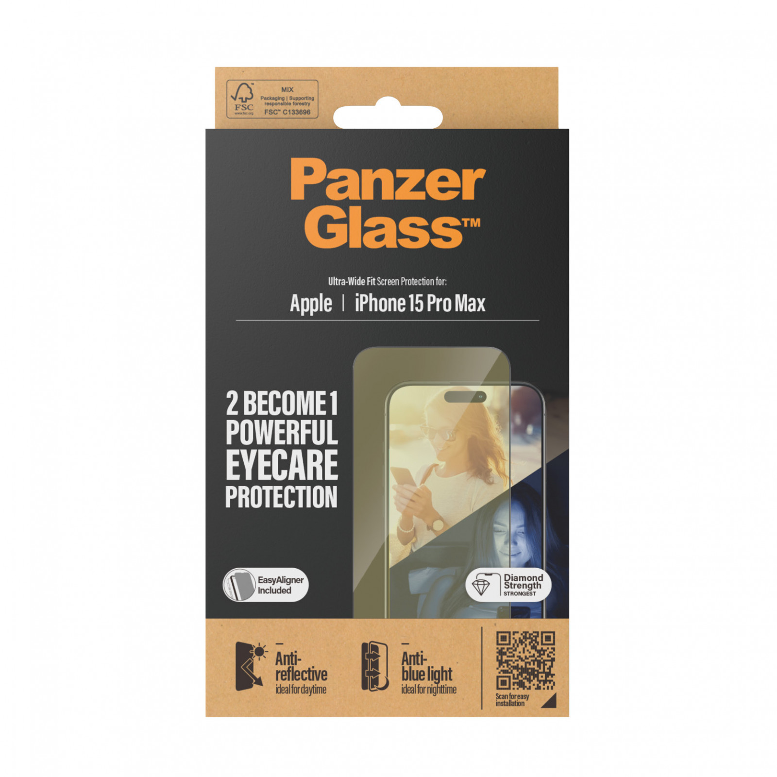 Стъклен протектор PanzerGlass за Apple iPhone 15 Pro Max , UWF с рамка за инсталация, Antireflective, Antiblue light, Черен