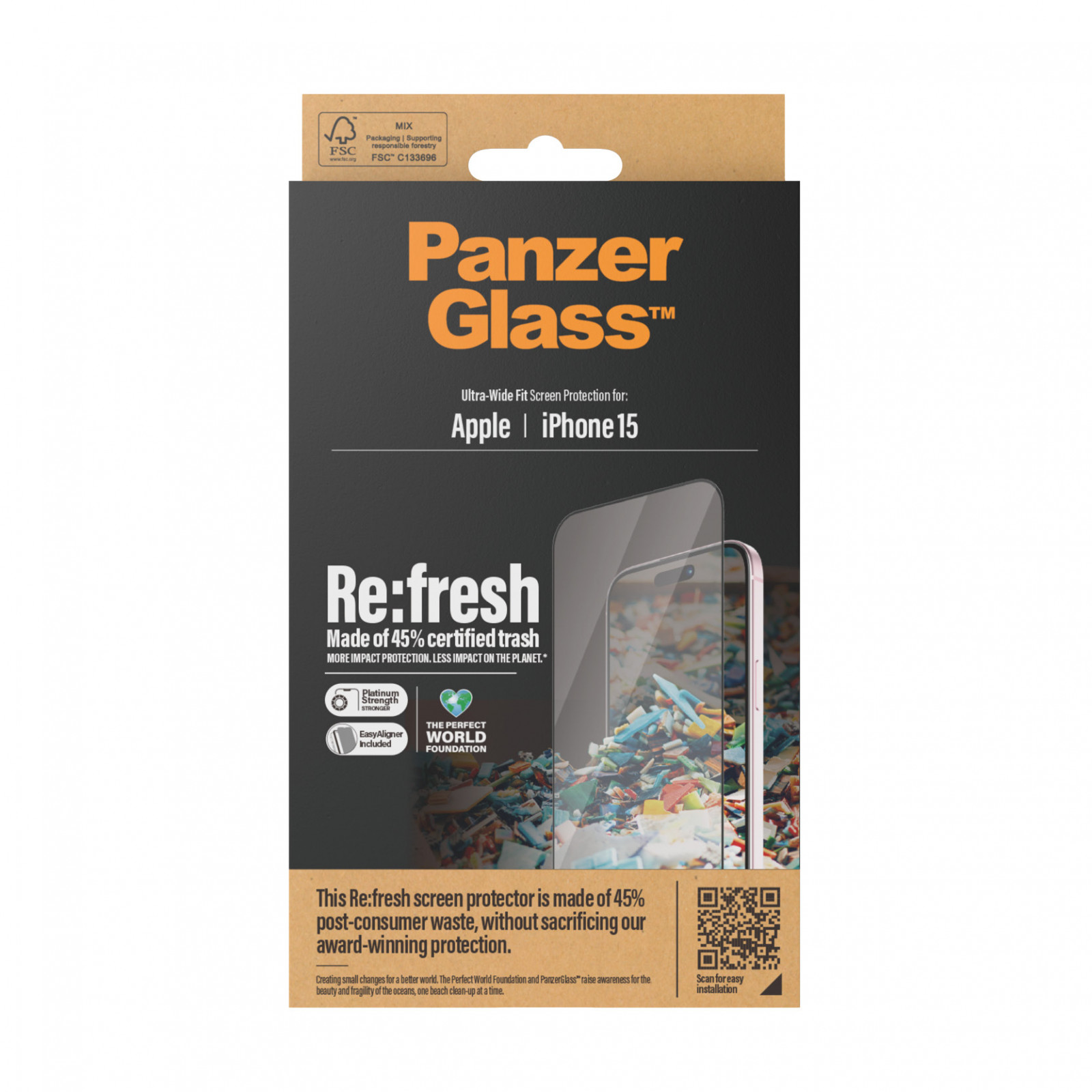 Рециклирано пластмасово фолио PanzerGlass за Apple iPhone 15, Recycled Glass, UWF, Прозрачен