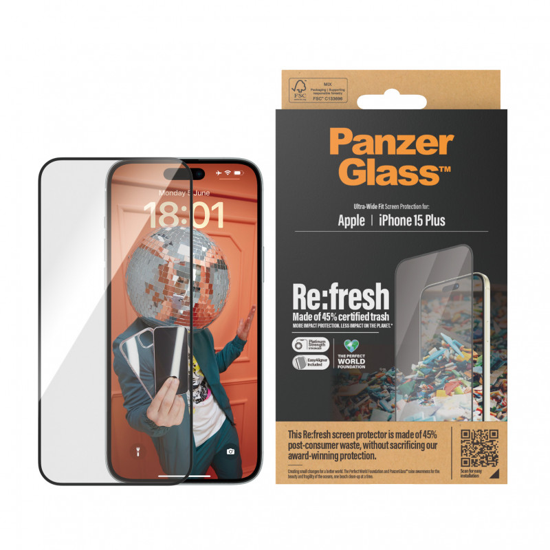 Рециклирано пластмасово фолио PanzerGlass за Apple iPhone 15 Plus, Recycled Glass, UWF, Прозрачен