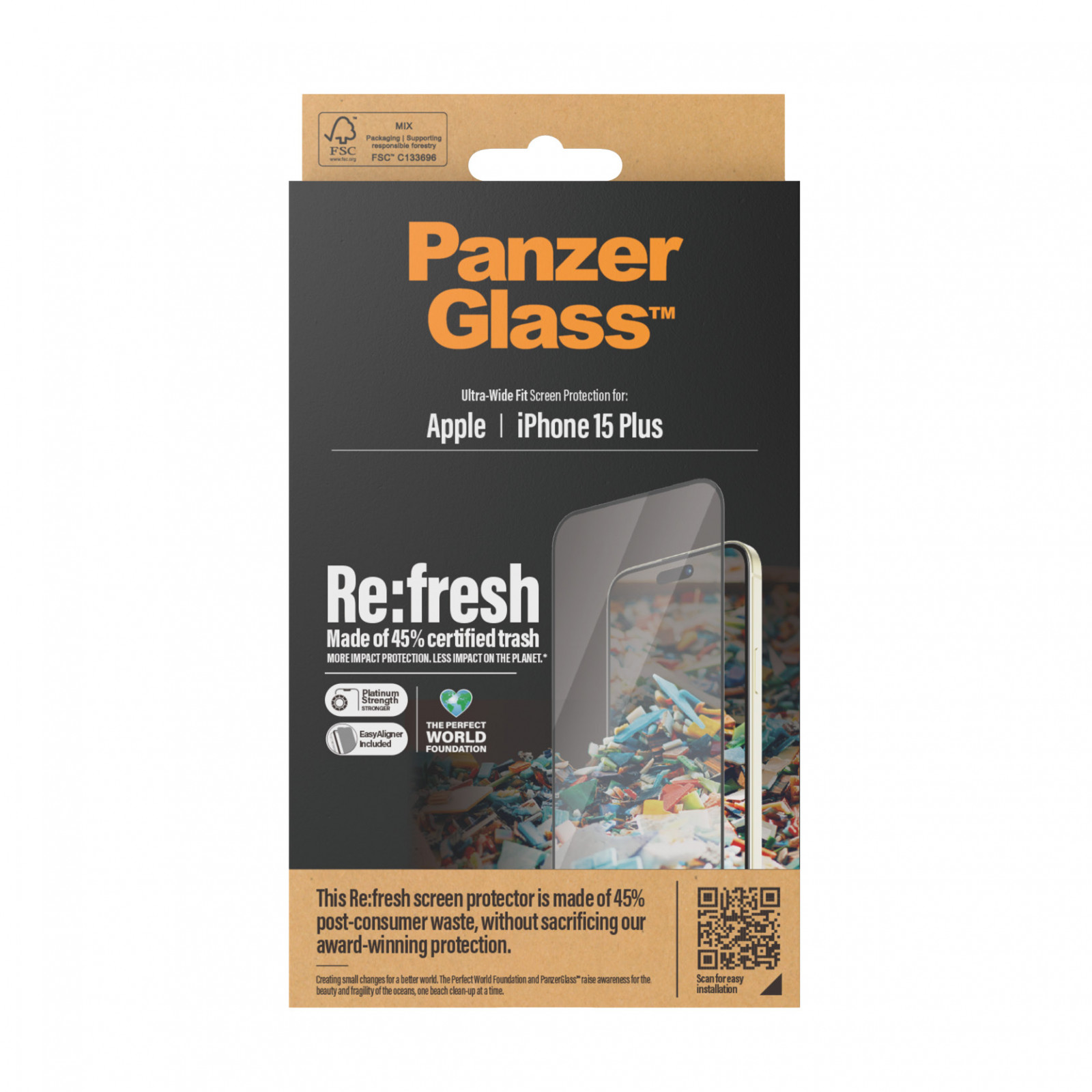Рециклирано пластмасово фолио PanzerGlass за Apple iPhone 15 Plus, Recycled Glass, UWF, Прозрачен