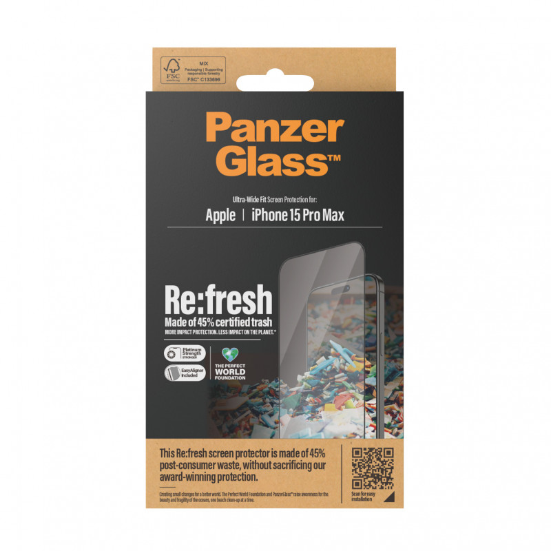 Рециклирано пластмасово фолио PanzerGlass за Apple iPhone 15 Pro Max, Recycled Glass, UWF, Прозрачен