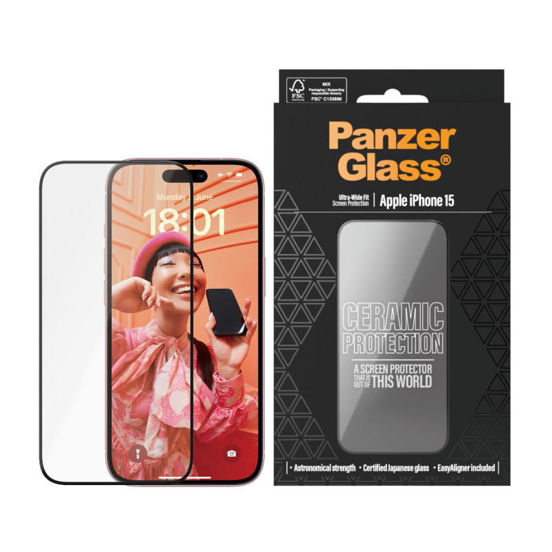  Стъклен протектор PanzerGlass за iPhone 15, Ceramic Protection, UWF, Черен